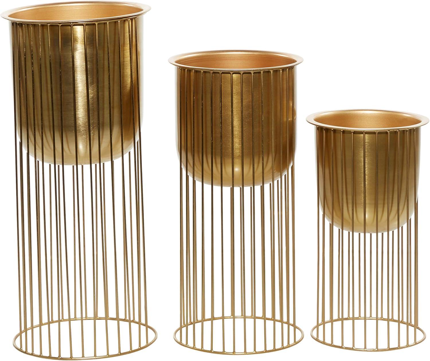 DecMode 24", 20", 16"H Deep Recessed Dome Gold Metal Planter with Elevated Caged Stand (3 Count)