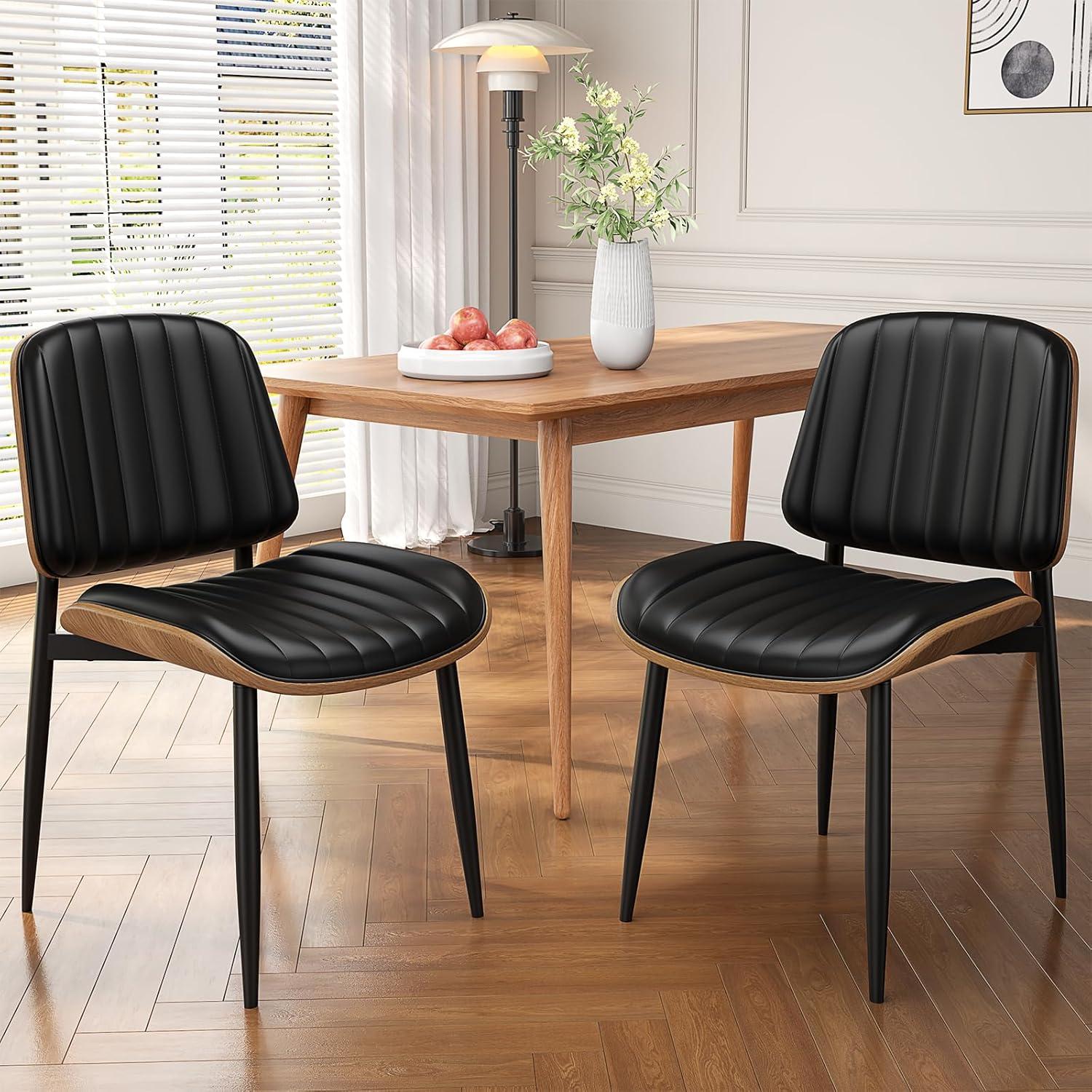 Dining Chairs Set of 2, Mid Century Modern Retro Faux Leather Chair with Walnut Bentwood Back, Upholstered Seat Metal Legs & Adjustable Foot for Kitchen Dining Room Chairs(Black PU)