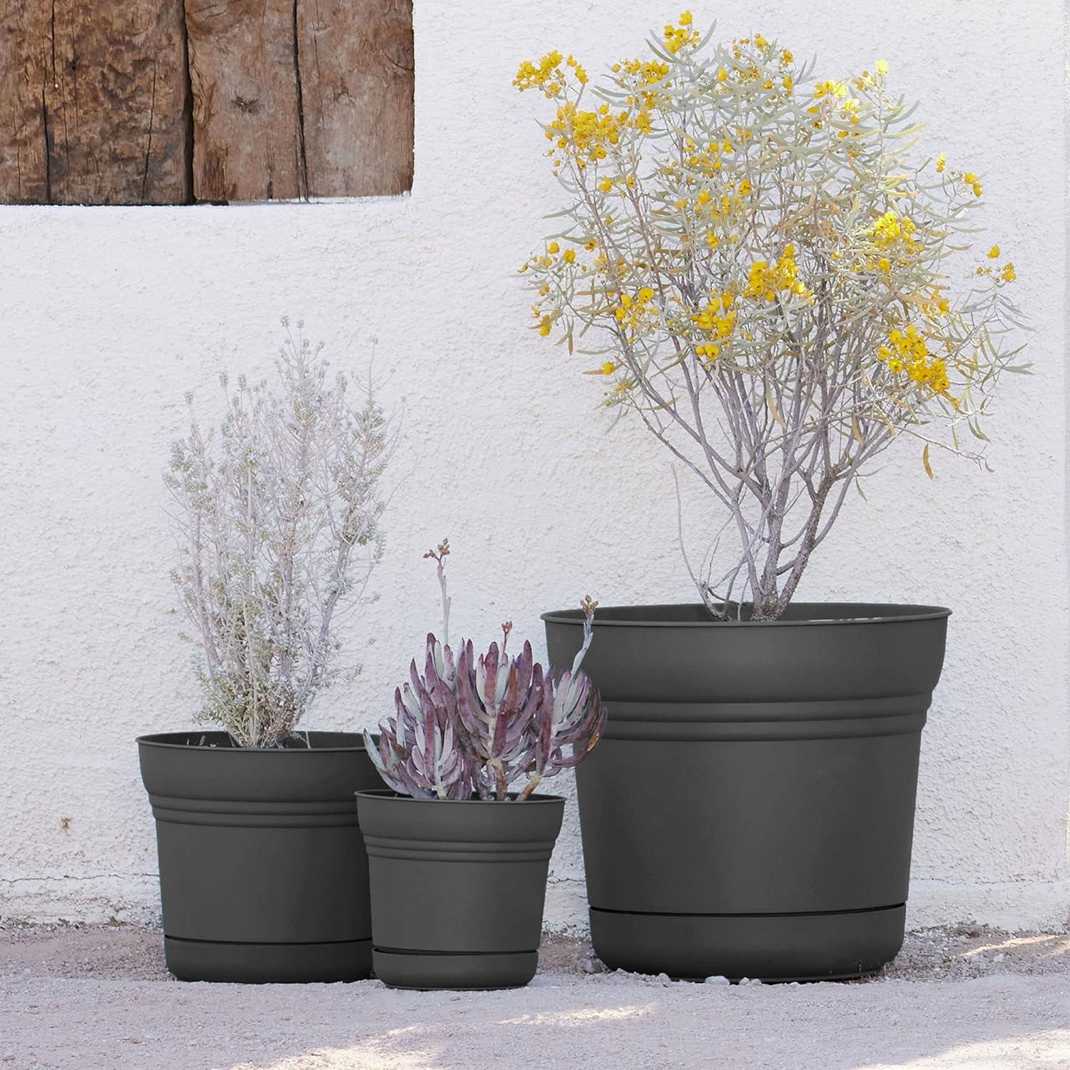 Bloem 14-in Saturn Round Resin Planter with Saucer - Charcoal Gray