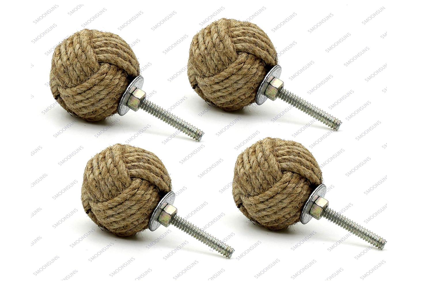 5MoonSun5's Jute Knobs Rope Knot Drawer Pulls and Knobs Pull and Push Handle Knobs for Cabinets, Wardrobes & Kitchen Cupboards Nautical knob Hardware Vintage Decor, 35 mm (Pack of 4)