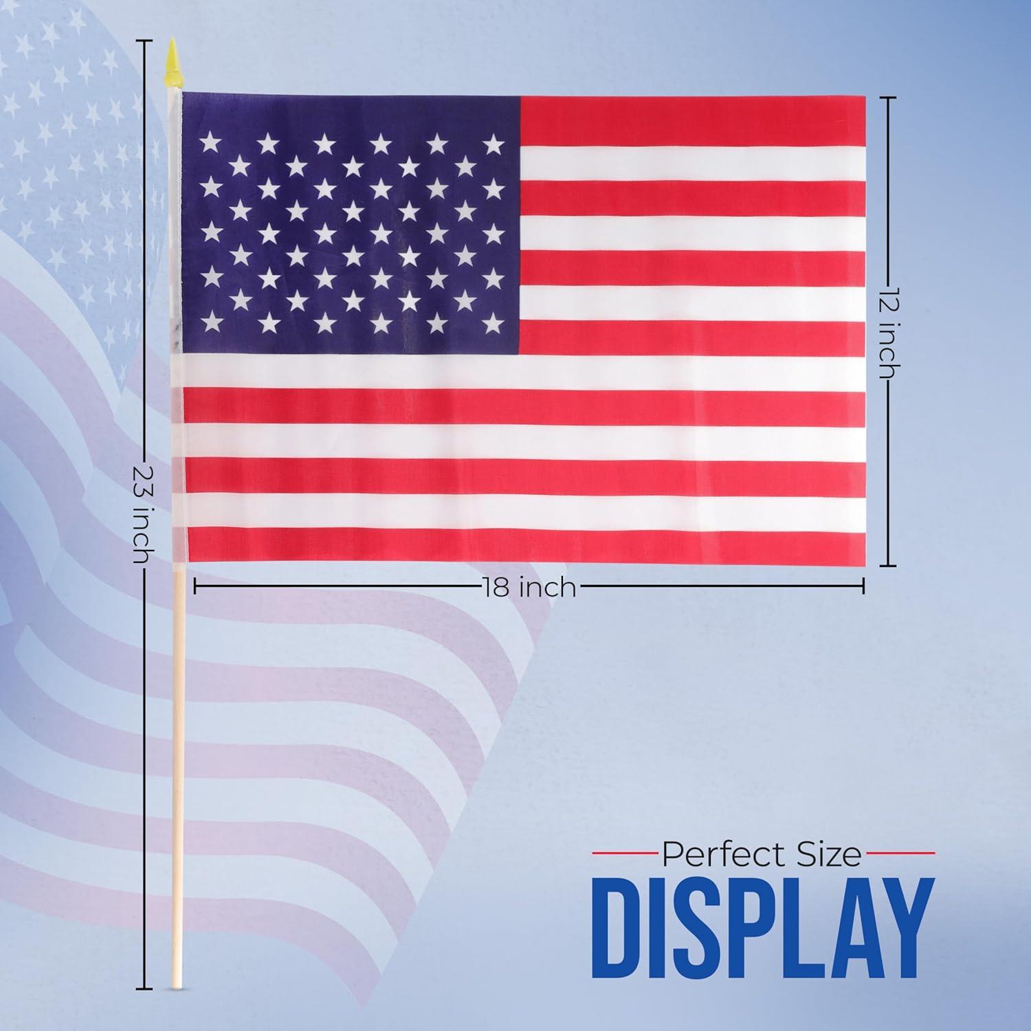 12 Pack Small American Flags Small US Flags/Mini American Flag on Stick 8x12 Inch US American Hand Held Stick Flags with Kid-Safe Spear Top, Polyester Full Color Tear-Resistant Flag