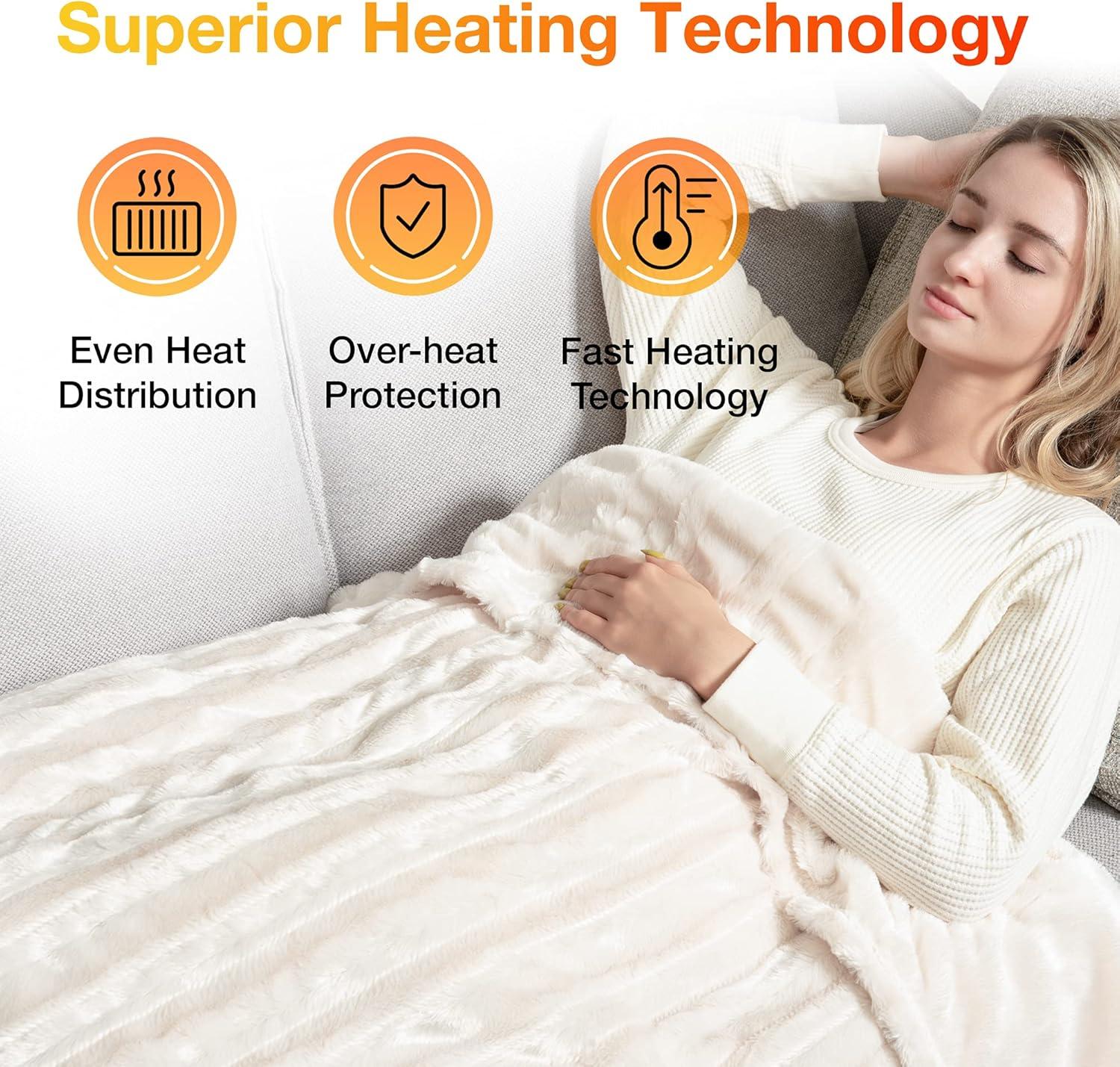 WOOMER Electric Heated Throw Blanket, Soft Faux Fur Fast Heating Blanket, 4 Heating Levels & 4 Hours Auto Off (50"x 60"), Machine Washable, Over-Heat Protection, ETL Certification