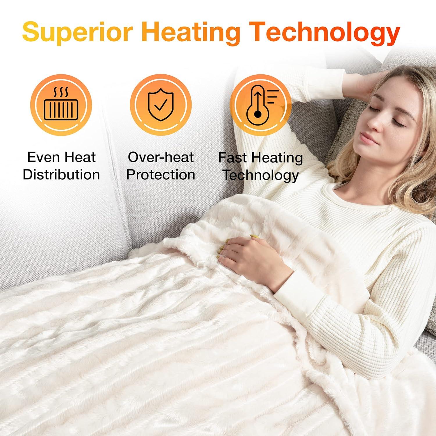 WOOMER Electric Heated Throw Blanket, Soft Faux Fur Fast Heating Blanket, 4 Heating Levels & 4 Hours Auto Off (50"x 60"), Machine Washable, Over-Heat Protection, ETL Certification