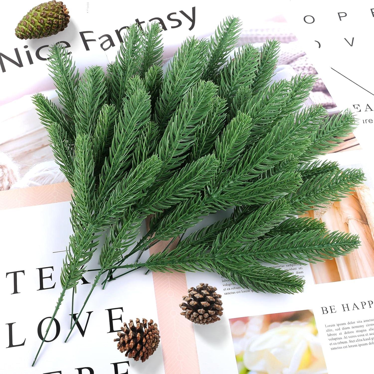 50 Pcs Artificial Pine Branches Christmas Pine Needles Green Plants Fake Greenery Pine Picks Christmas Decorations for DIY Garland Wreath Xmas Embellishing and Home Garden Decoration