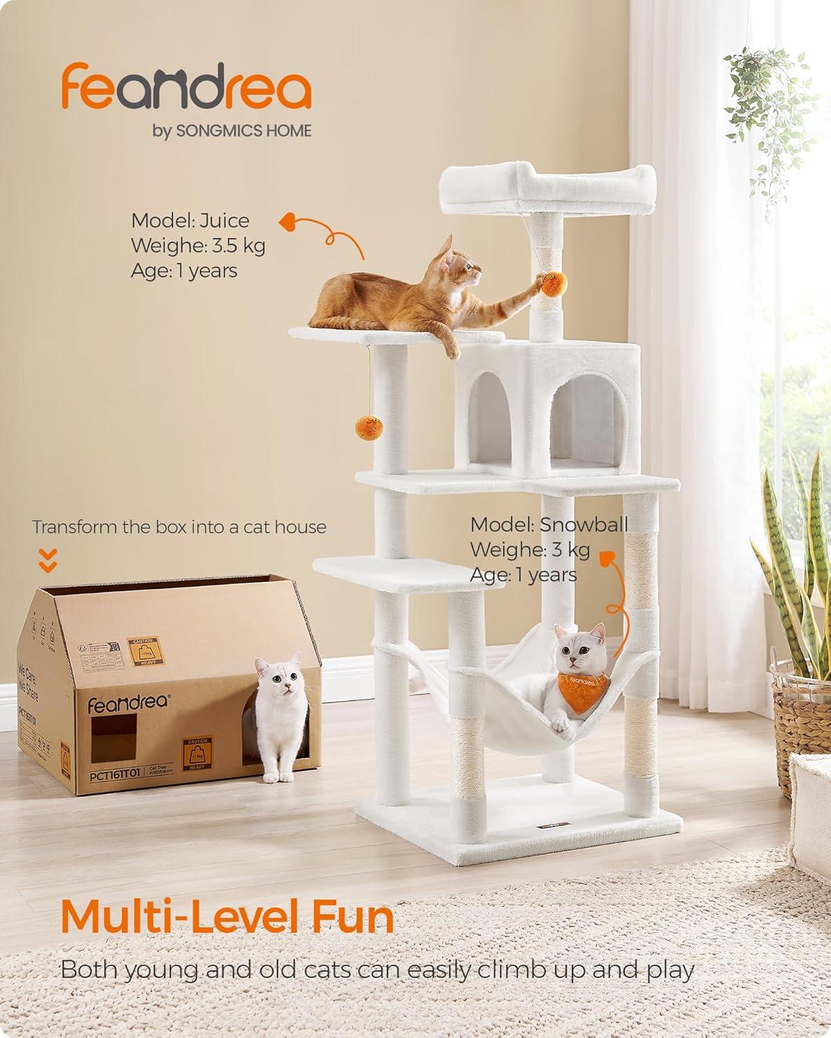 Cream White Multi-Level Cat Tree with Hammock and Scratching Posts