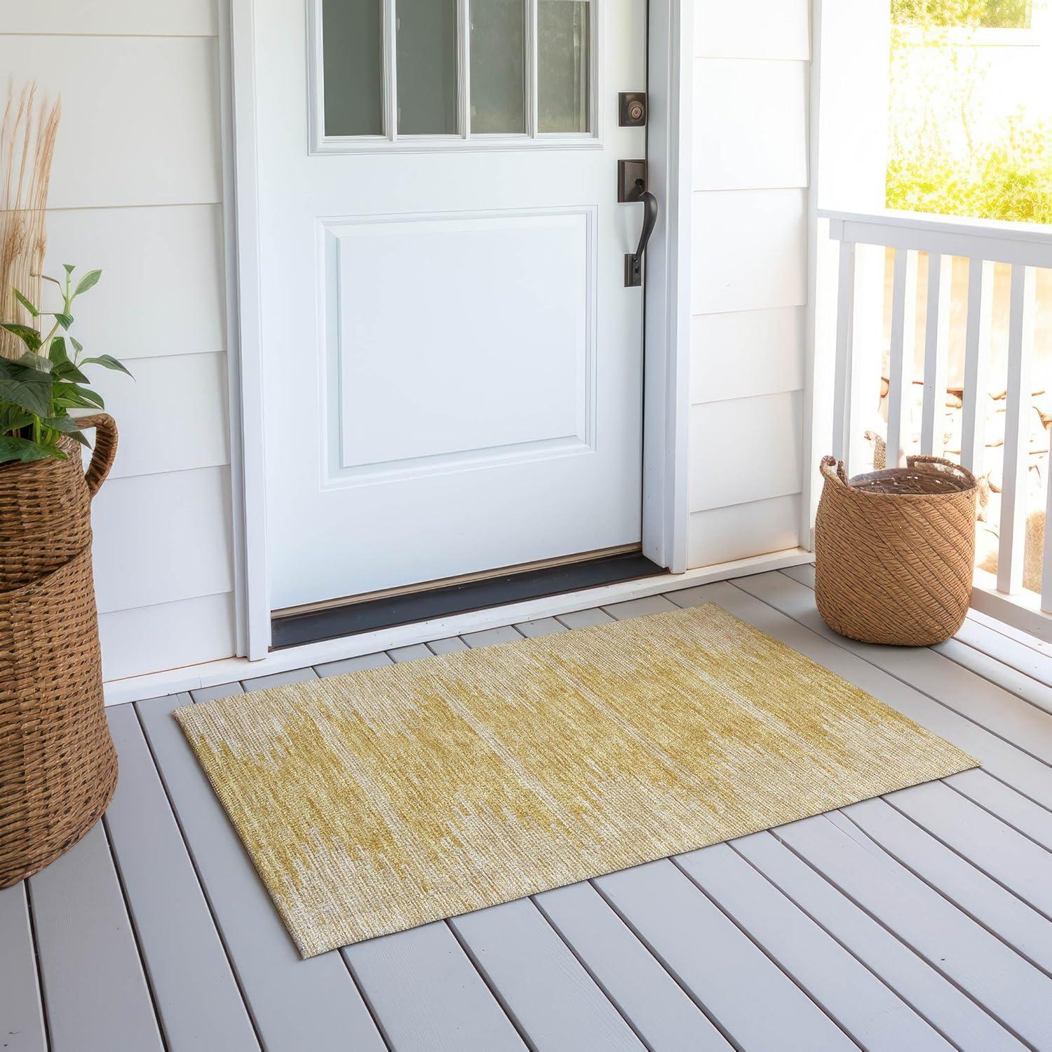 Gold and Beige Rectangular Machine-Washable Synthetic Rug