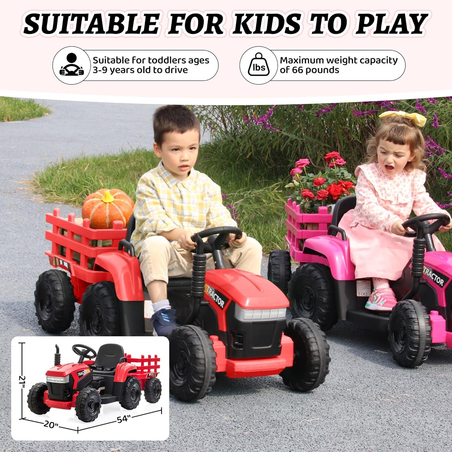 12V Kids Ride On Tractor with Trailer, Battery Powered Electric Car with Music, USB, Music, LED Lights