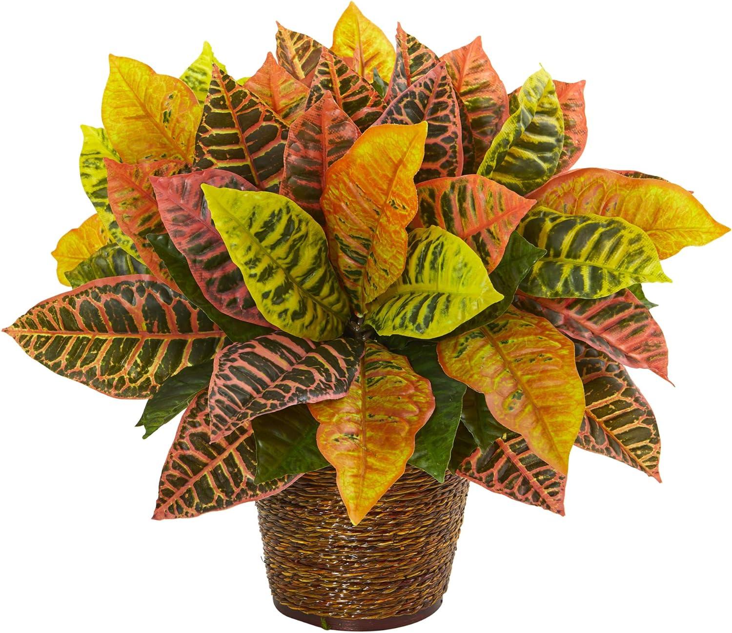 Nearly Natural 17-in Garden Croton Artificial Plant in Basket (Real Touch)