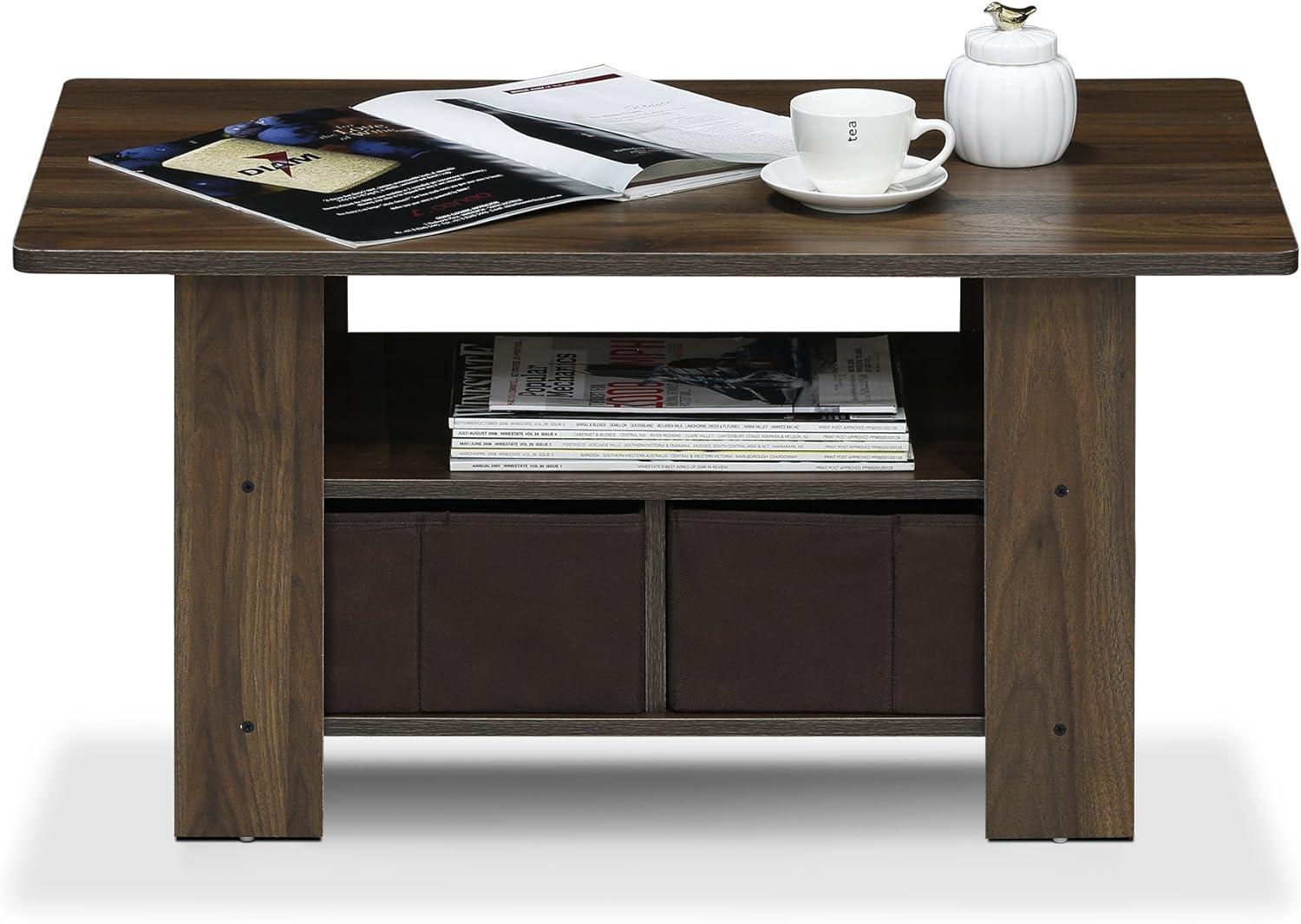 FETON Andrey Coffee Table with Bin Drawer, Columbia Walnut/Dark Brown