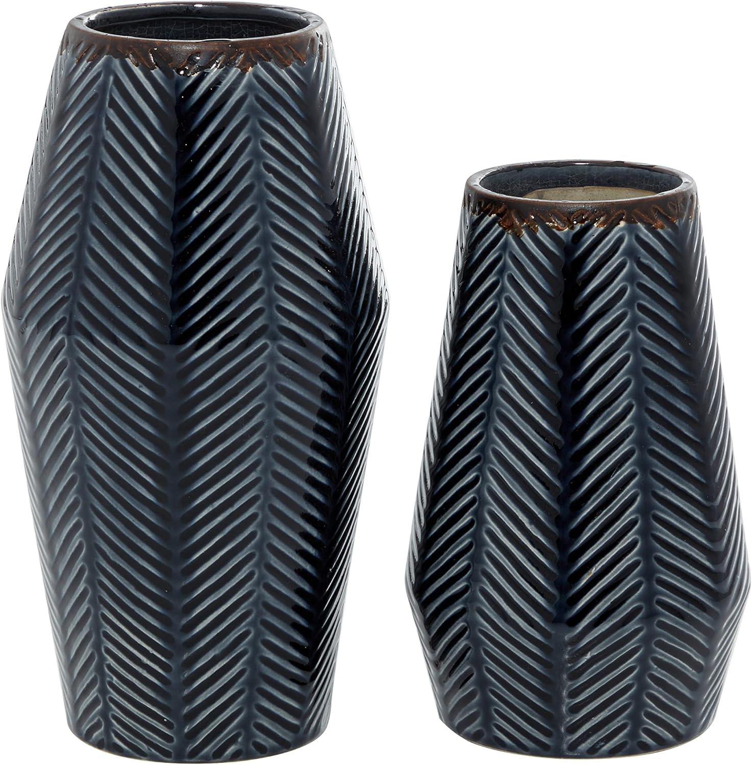 DecMode 11", 8"H Handmade Chevron Dark Blue Ceramic Vase, Set of 2