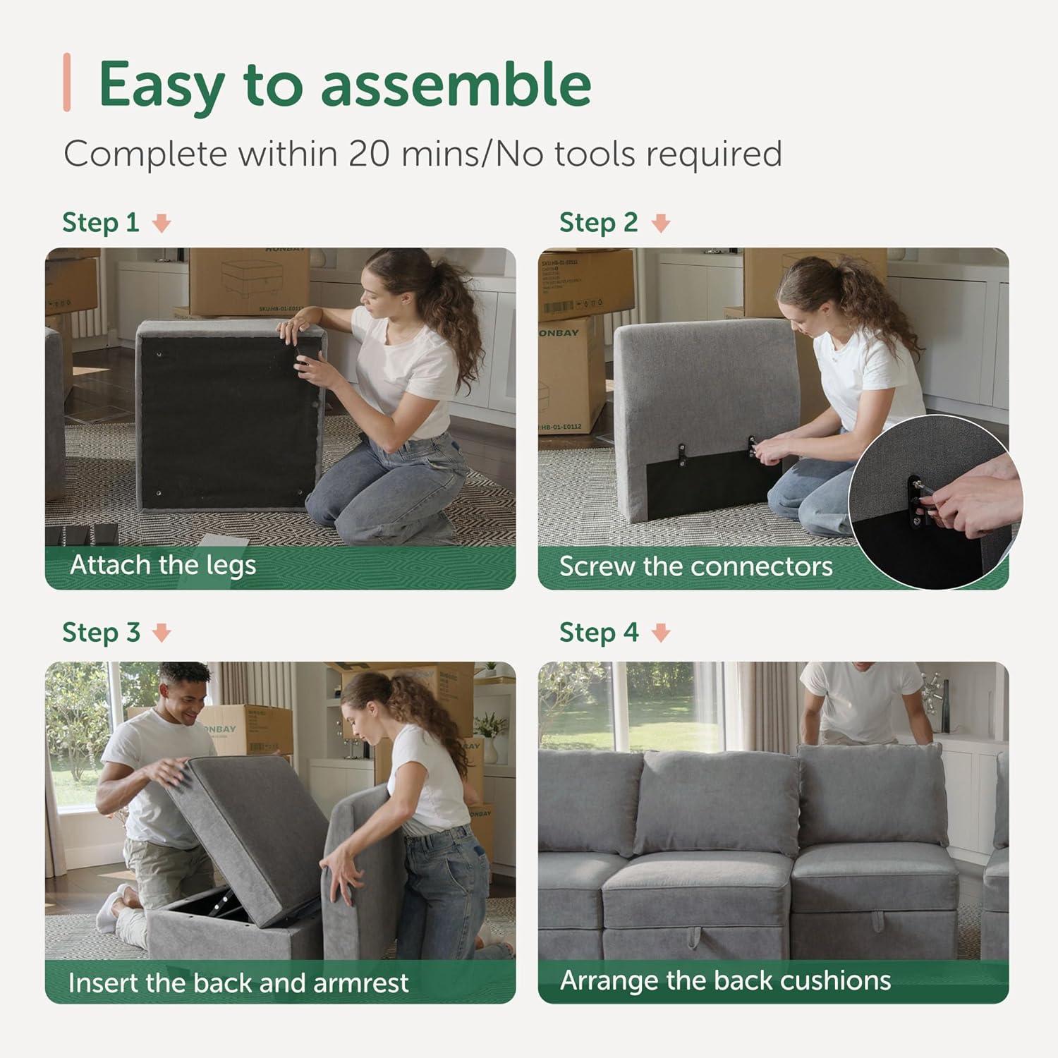 HONBAY Convertible Sectional Couch with Reversible Chaise Modern L-Shape Sofa 4-Seat Couch Modular Sectional Sofa with Storage Seats, Grey