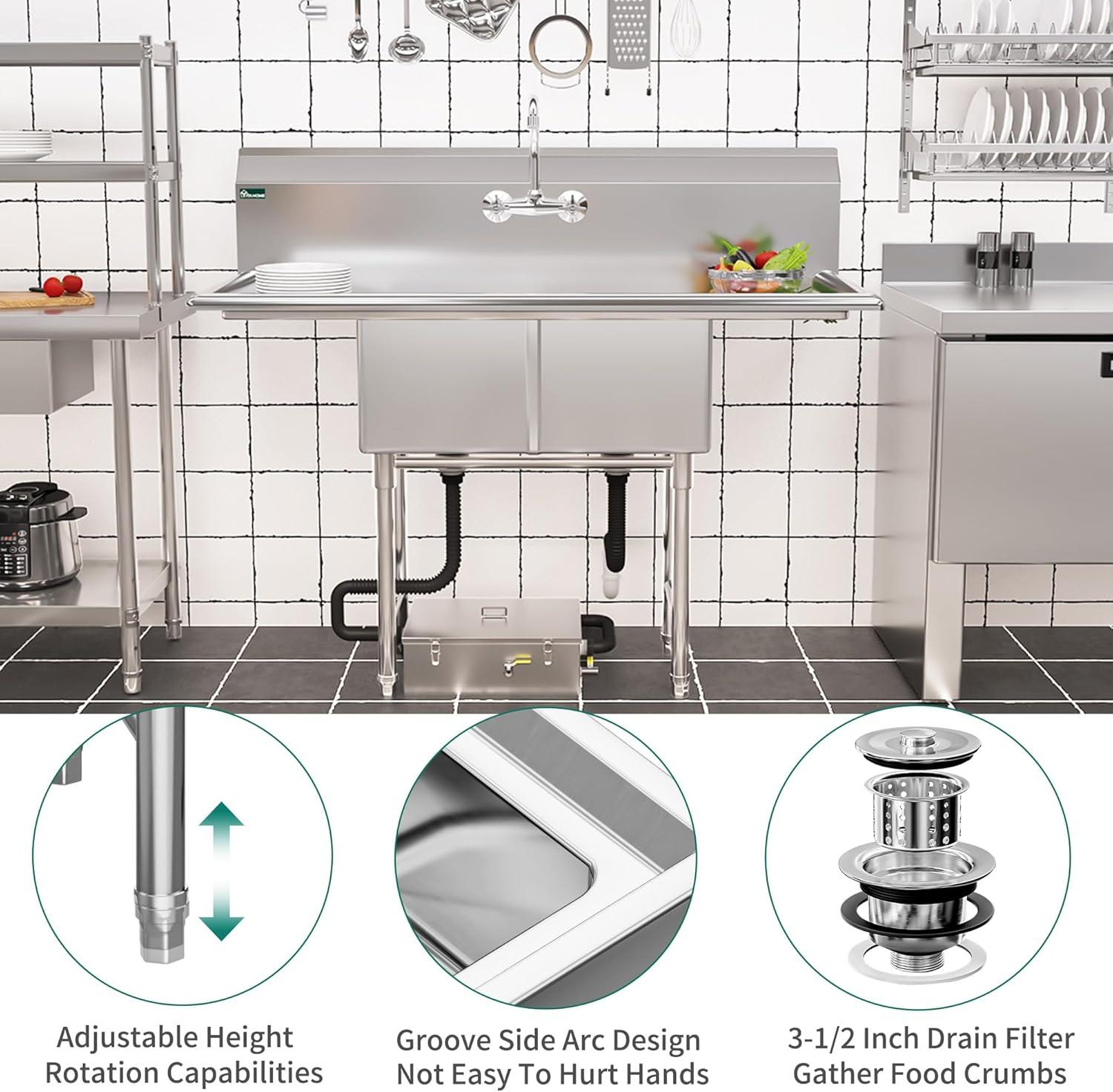 Stainless Steel Freestanding 2-Compartment Sink with Double Drainboard