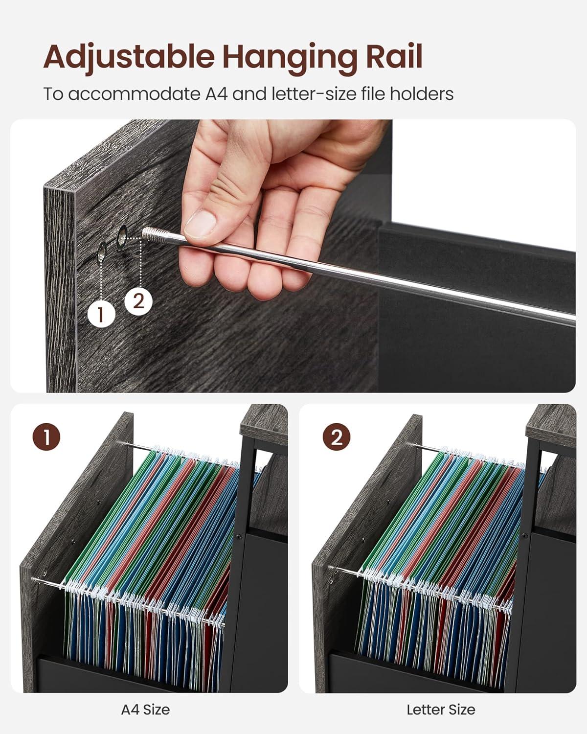 VASAGLE File Cabinet, Mobile Filing Cabinet with Wheels, 2 Drawers, Open Shelf, for A4, Letter Size, Hanging File Folders, Charcoal Gray and Ink Black UOFC071B04