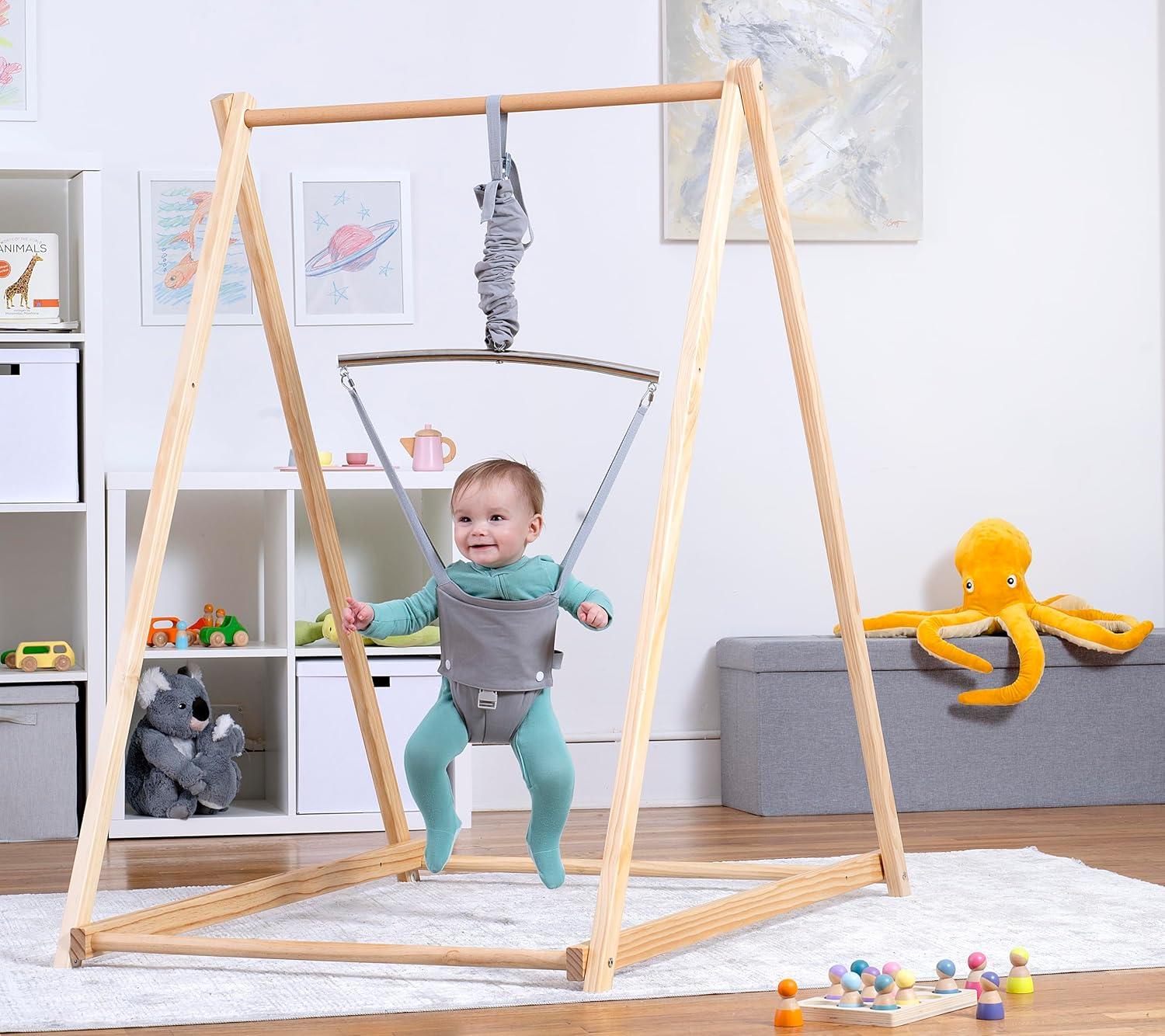 Gray Foldable Baby Bouncer with Wooden Stand