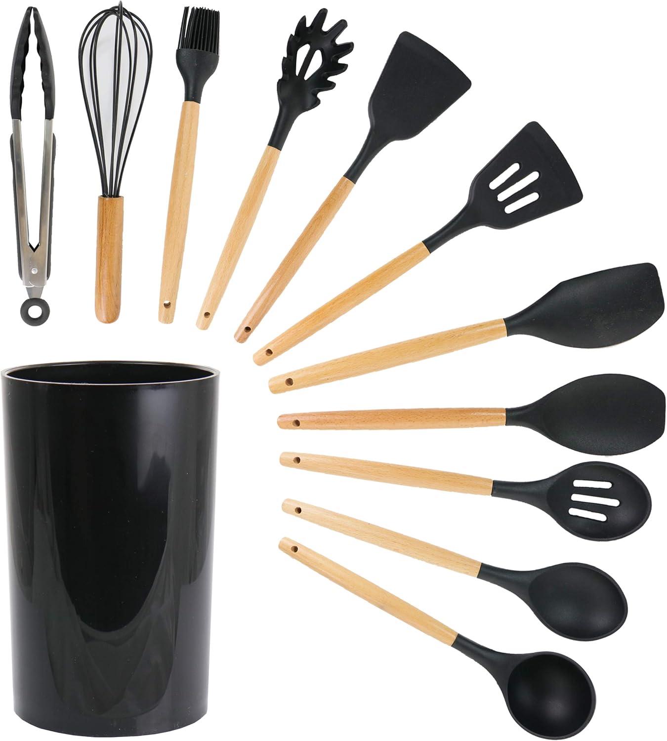 MegaChef 12 Piece Black Silicone and Wood Cooking Utensils Set