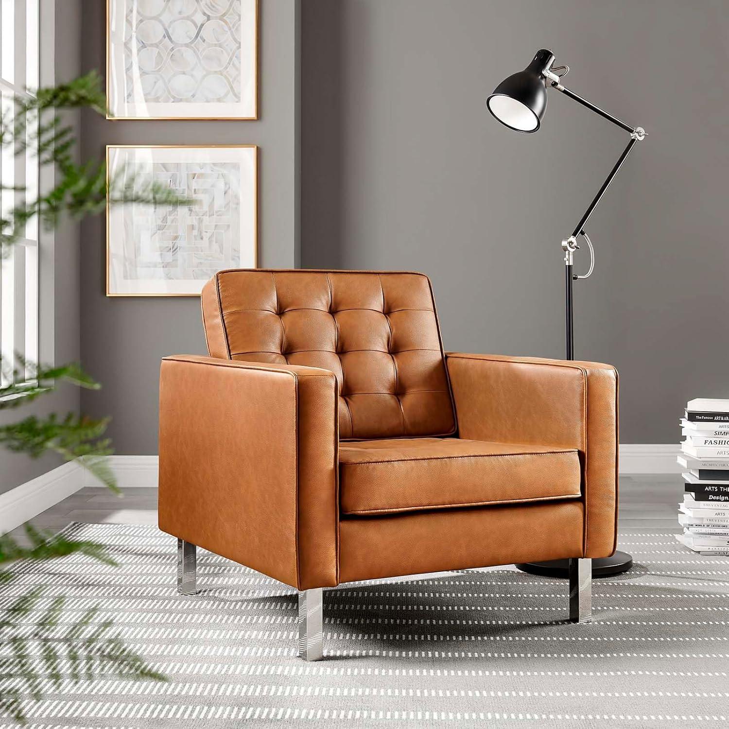 Loft Tufted Upholstered Faux Leather Armchair Silver/Tan - Modway