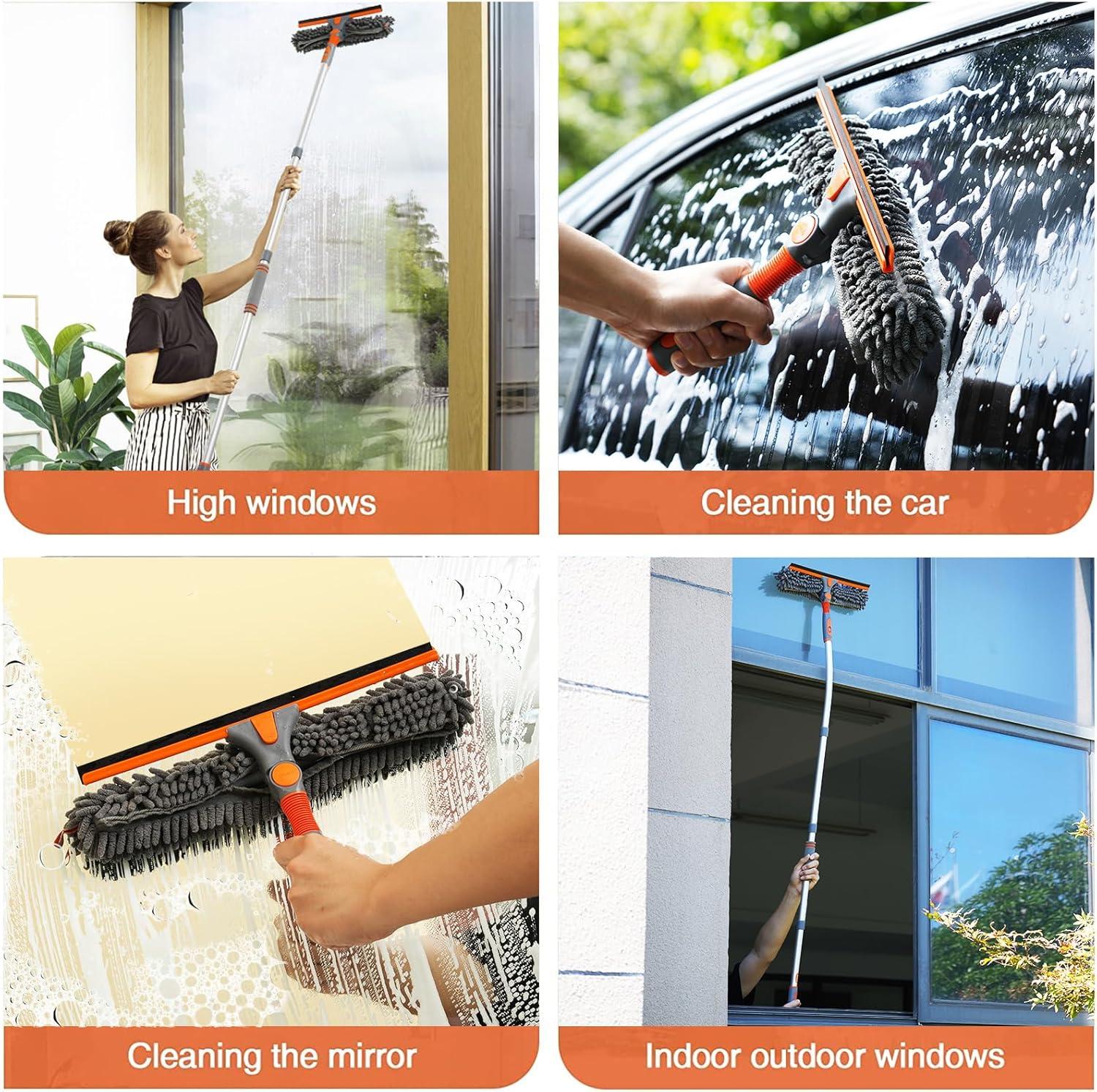 eazer Window Squeegee Cleaner - 2 in 1 Window Cleaning Tool Kit, 62inch Extension Pole Washer Equipment for Car Indoor Outdoor Window Glass