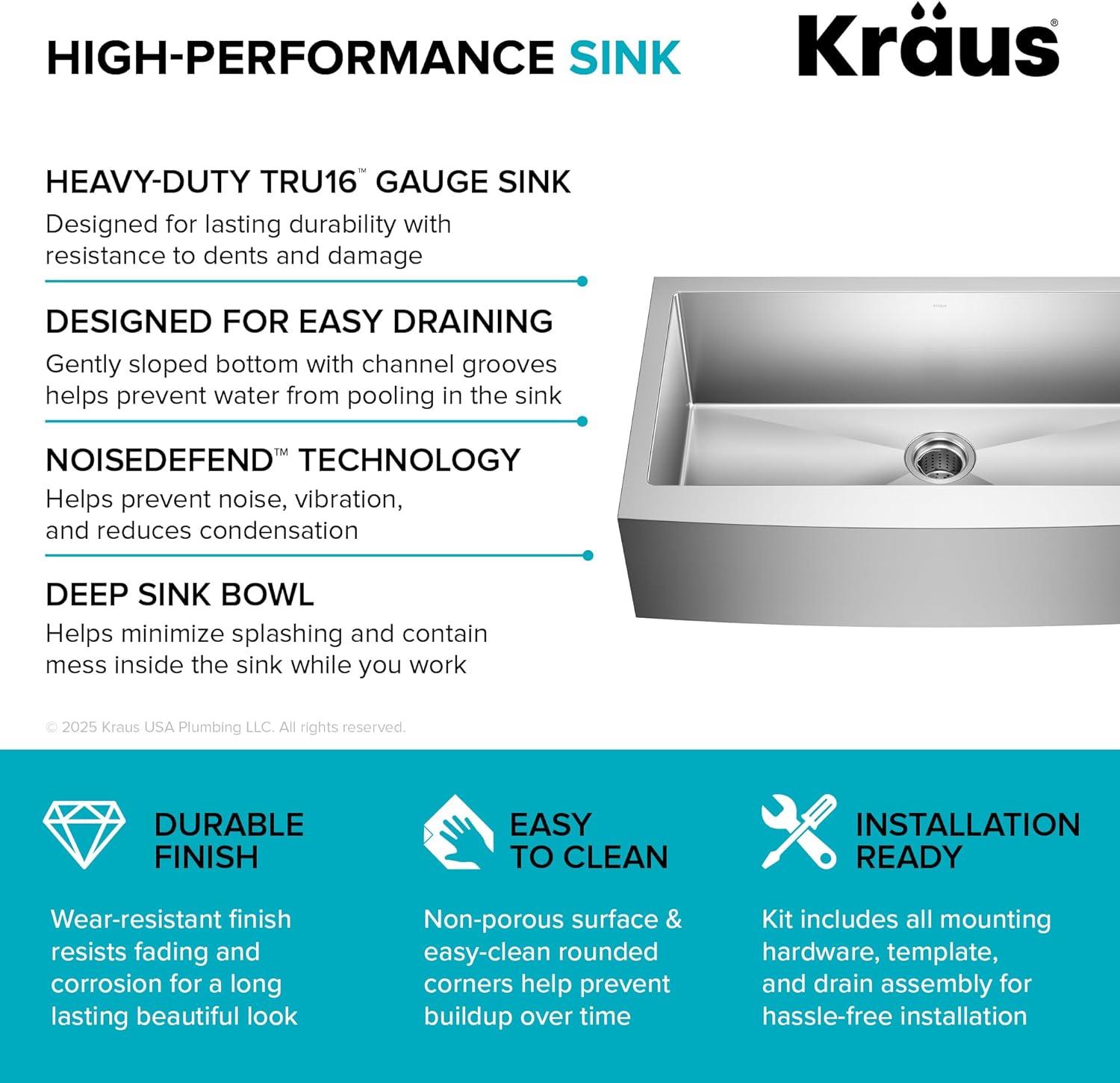 KRAUS Standart Pro Apron Front Farmhouse 16 Gauge Single Bowl Stainless Steel Kitchen Sink