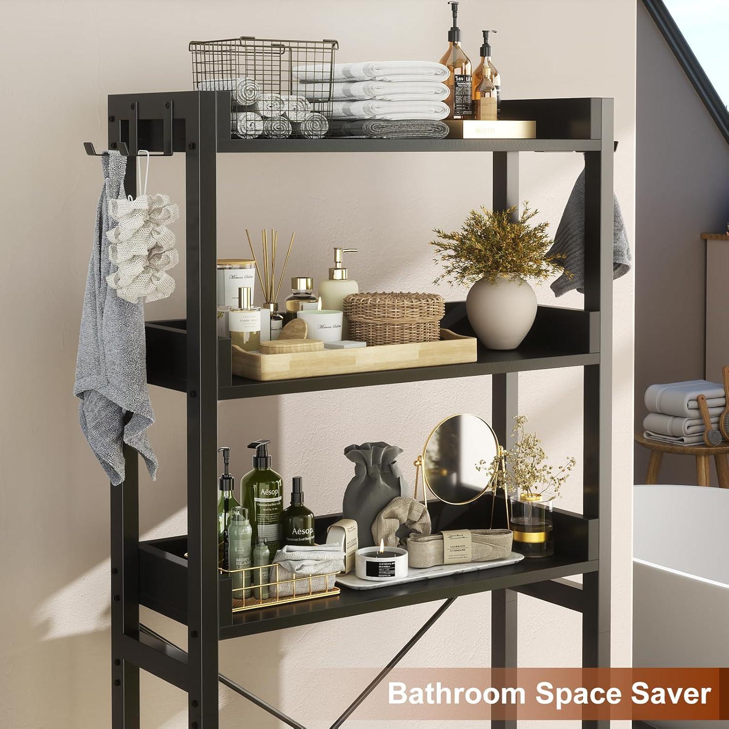 3-Tier Over The Toilet Storage, Space Saver Metal Bathroom Shelves, Freestanding Above Over Toilet Storage Shelf With 4 Hooks For Bathroom, Black