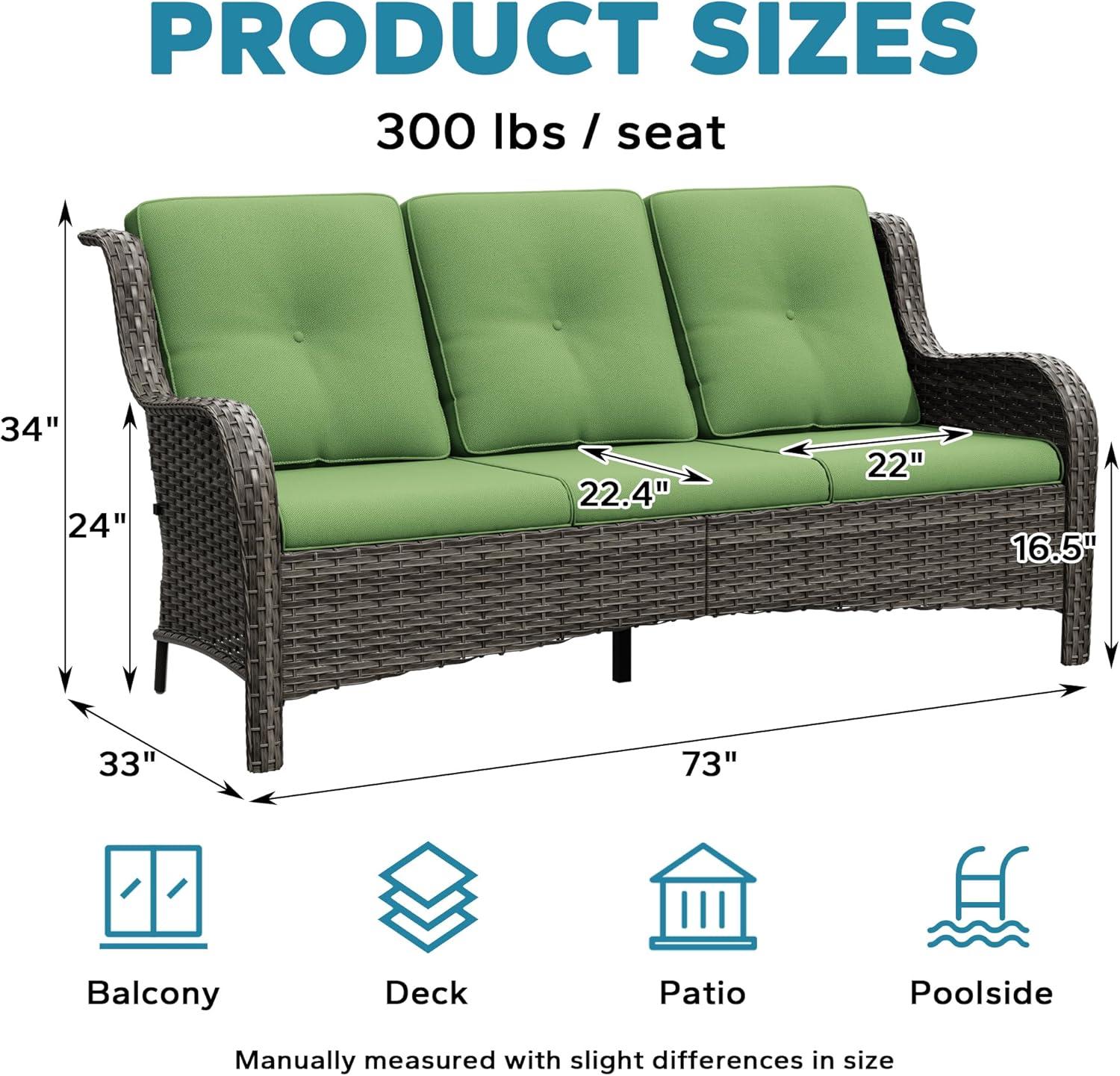 3-Seat Wicker Outdoor Patio Sofa Sectional Couch with Green Cushions