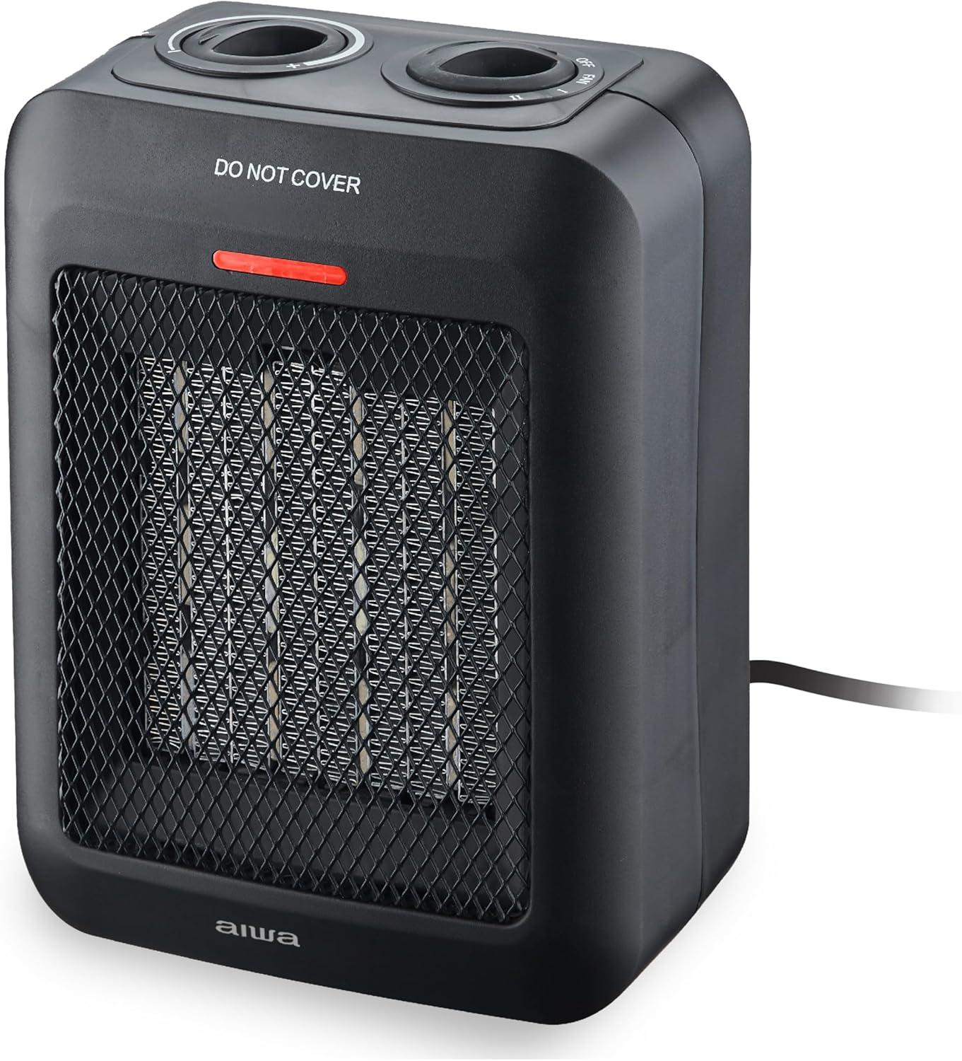 Aiwa 1500W Small Ceramic Room Heater, Overheat Protection, Tip over Auto Shutoff - Black