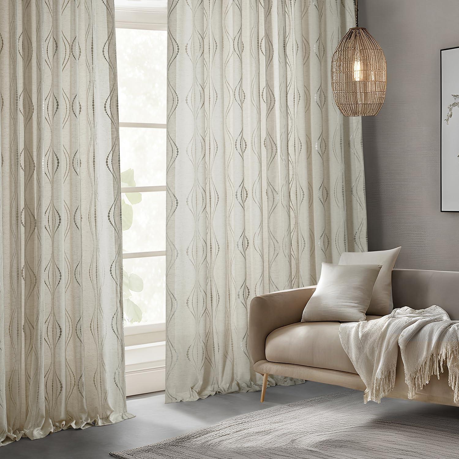 Suez Natural Embroidered Faux Linen Sheer Curtain (1 Panel), Suez Natural, 50W X 96L