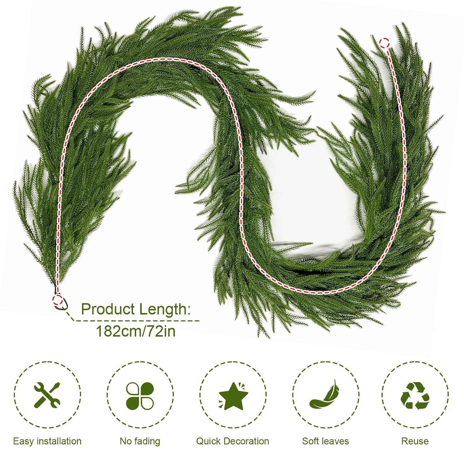 Seasonal Offers 2 Pcs Artificial Norfolk Pine Garlands, Real Touch Winter Pine Garland, Green Artificial Greenery Garland for Table, Mantle, Wall, Indoor, Outdoor Christmas Decorations (2, 6 FT)