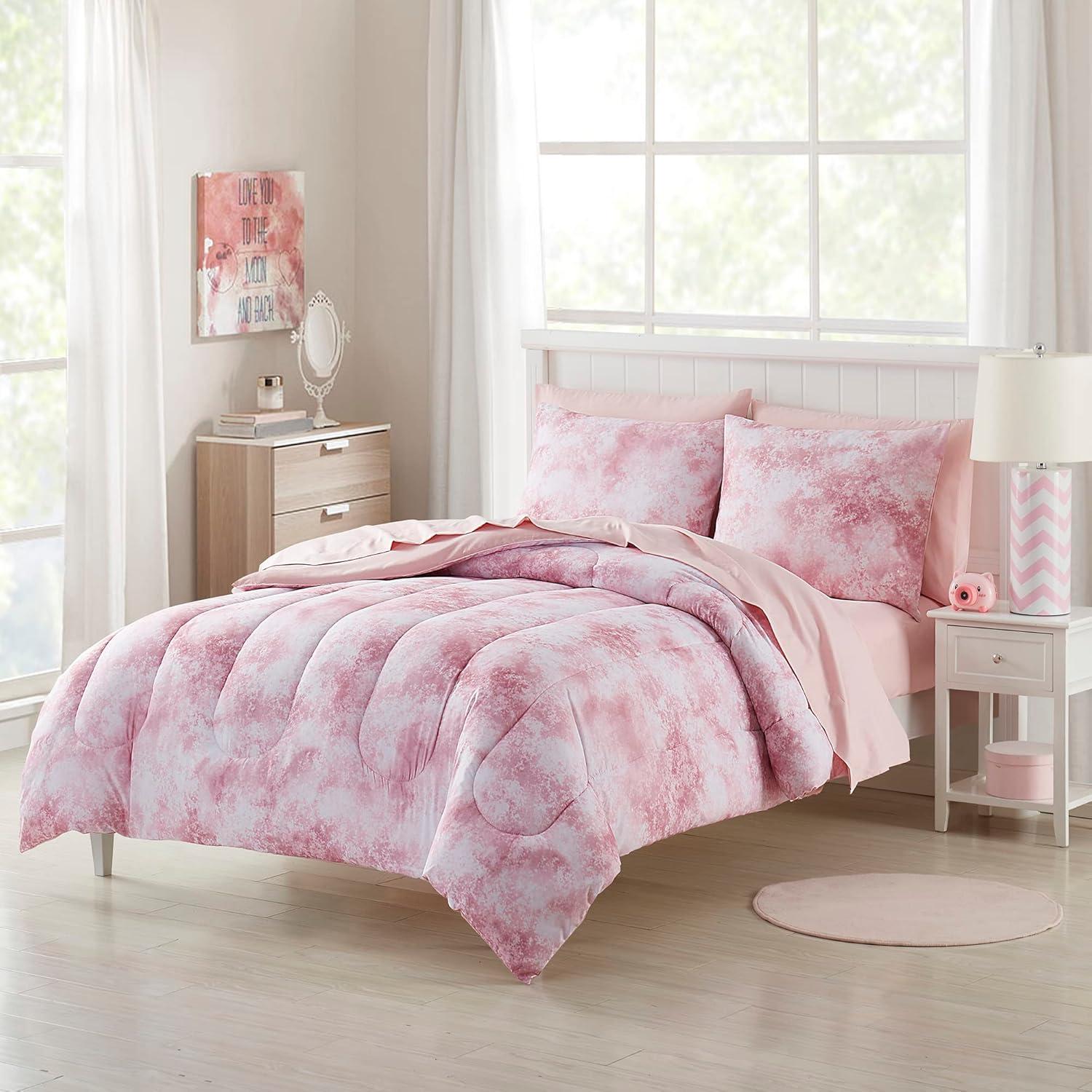 Waterbury Pink and White Microfiber Twin Bed in a Bag Set