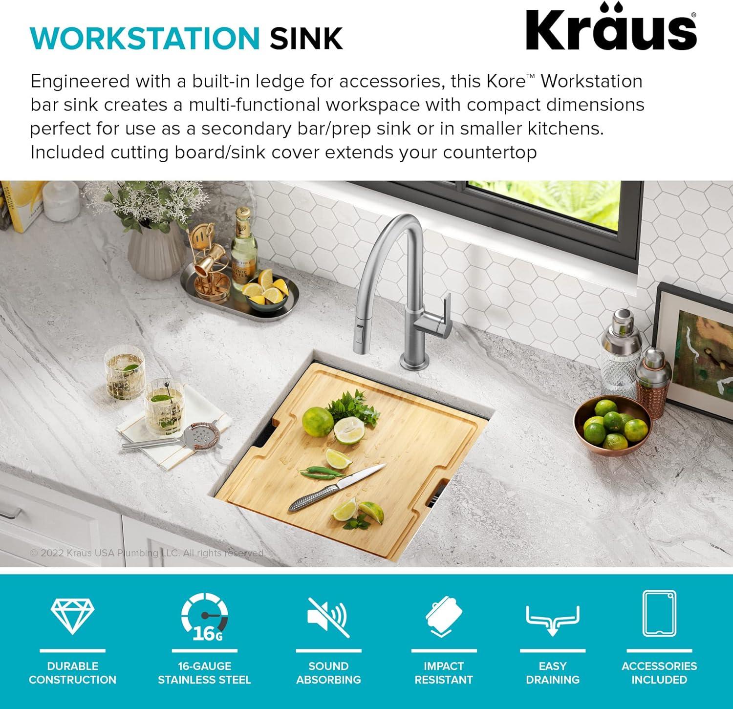 KRAUS Kore™ Undermount Workstation 16 Gauge Black Stainless Steel Single Bowl Kitchen Sink in PVD Gunmetal Finish