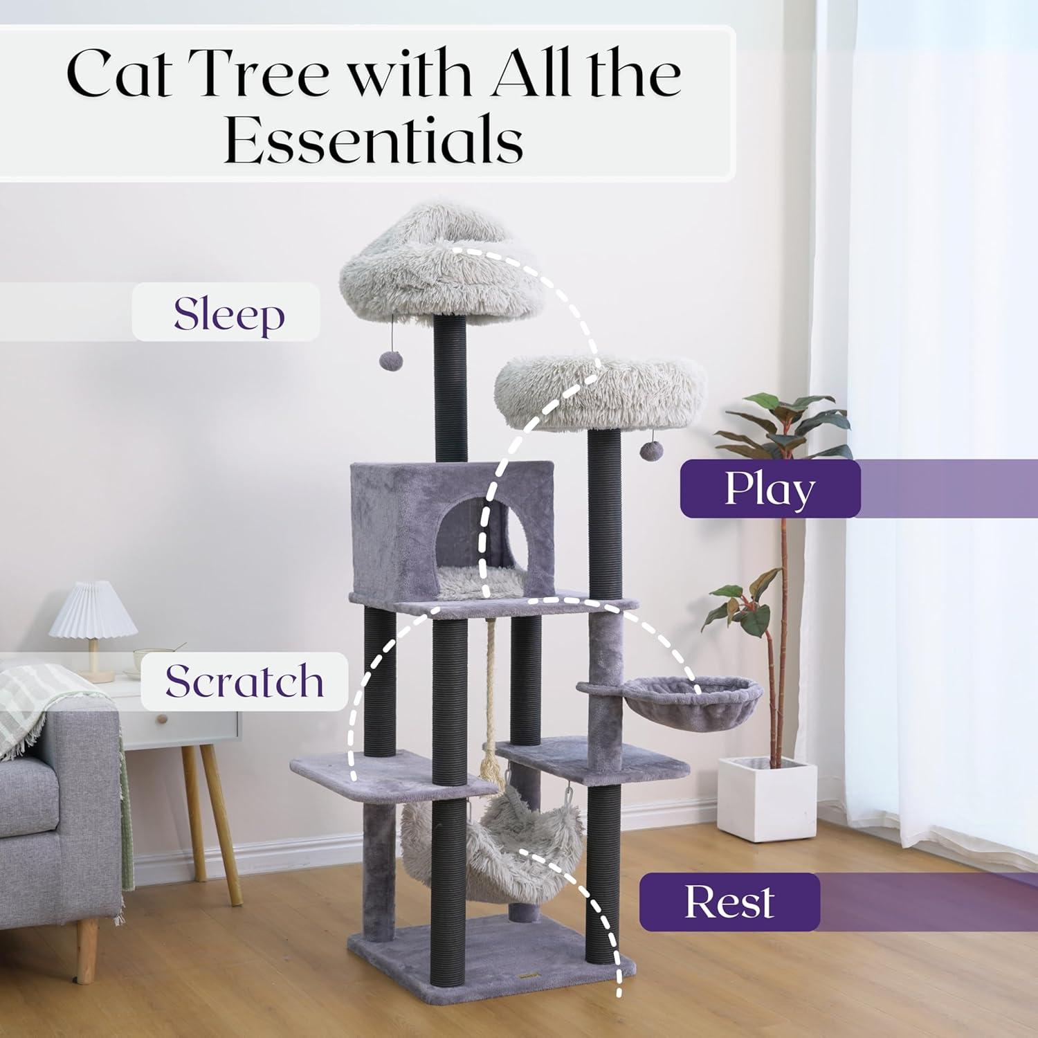 Catry Bradbury 7-Level 62.5” Modern Cat Tree with Replaceable Scratching Posts,Big Condo,Two Washable Beds, Two Hammocks,Quick Assembly, for Multi-Cat Homes(Cloud Gray)