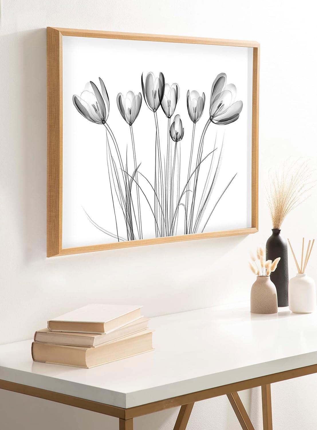 Kate and Laurel Blake Crocus X Ray Floral BW Framed Printed Glass Wall Art by The Creative Bunch Studio, 18x24 Natural, Decorative Modern Flower Art Print for Wall