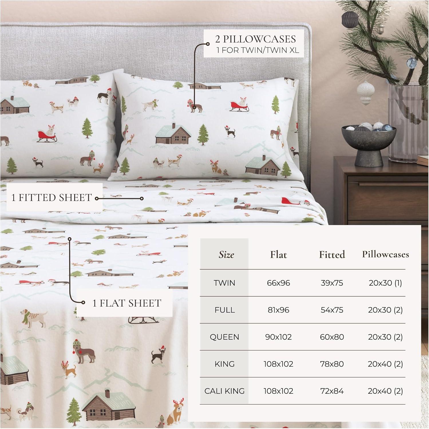 100% Cotton Holiday Flannel Sheet Set - Great Bay Home (Queen, Pups with Hats)