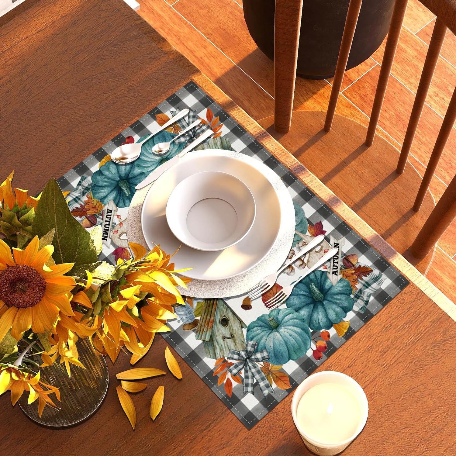 Linen Fall Placemats Set of 4 Blue Pumpkin Table Mats Buffalo Plaid Autumn Maple Leaves Pumpkin Decor Harvest Fall Harvest Decorations and Supplies for Home Kitchen Table-12×18''''