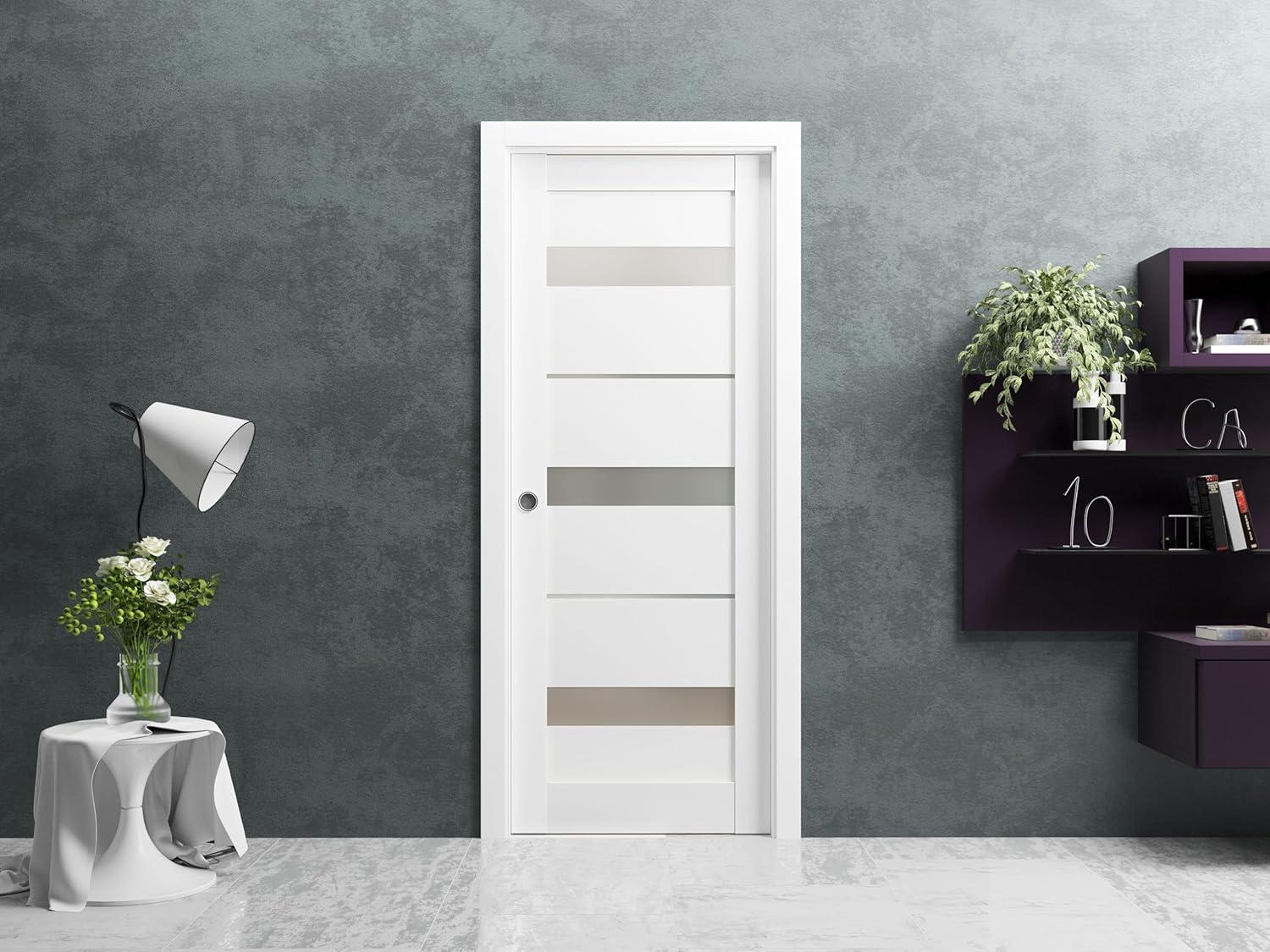 SARTODOORS Quadro Frosted Glass Sliding Closet White Door with Installation Hardware Kit