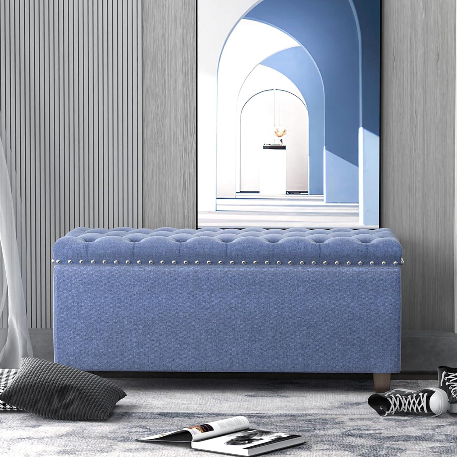 Nathaniel Home, Modern Storage Ottomans, Rectangular Ottomans with Storage, Nailhead Trim Ottomans, Upholstered Ottoman Coffee Table for Bedroom Blue