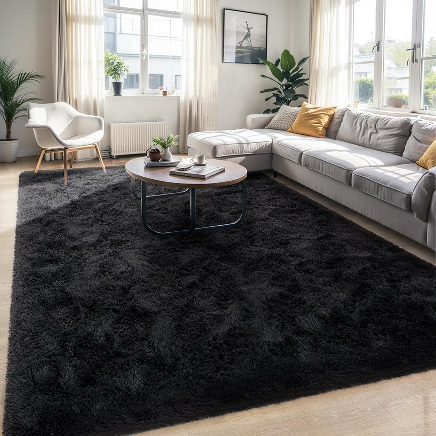 Black 5x8 High Pile Tufted Shag Area Rug with Memory Foam