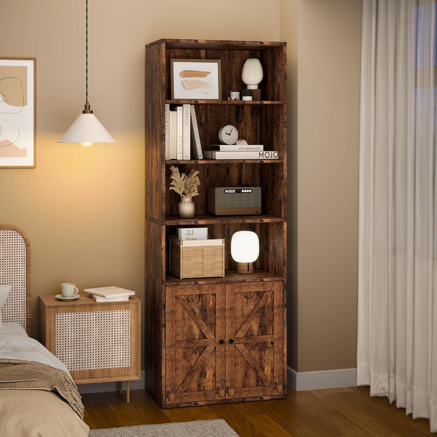 Rustic Brown Wood Farmhouse Bookcase with Doors