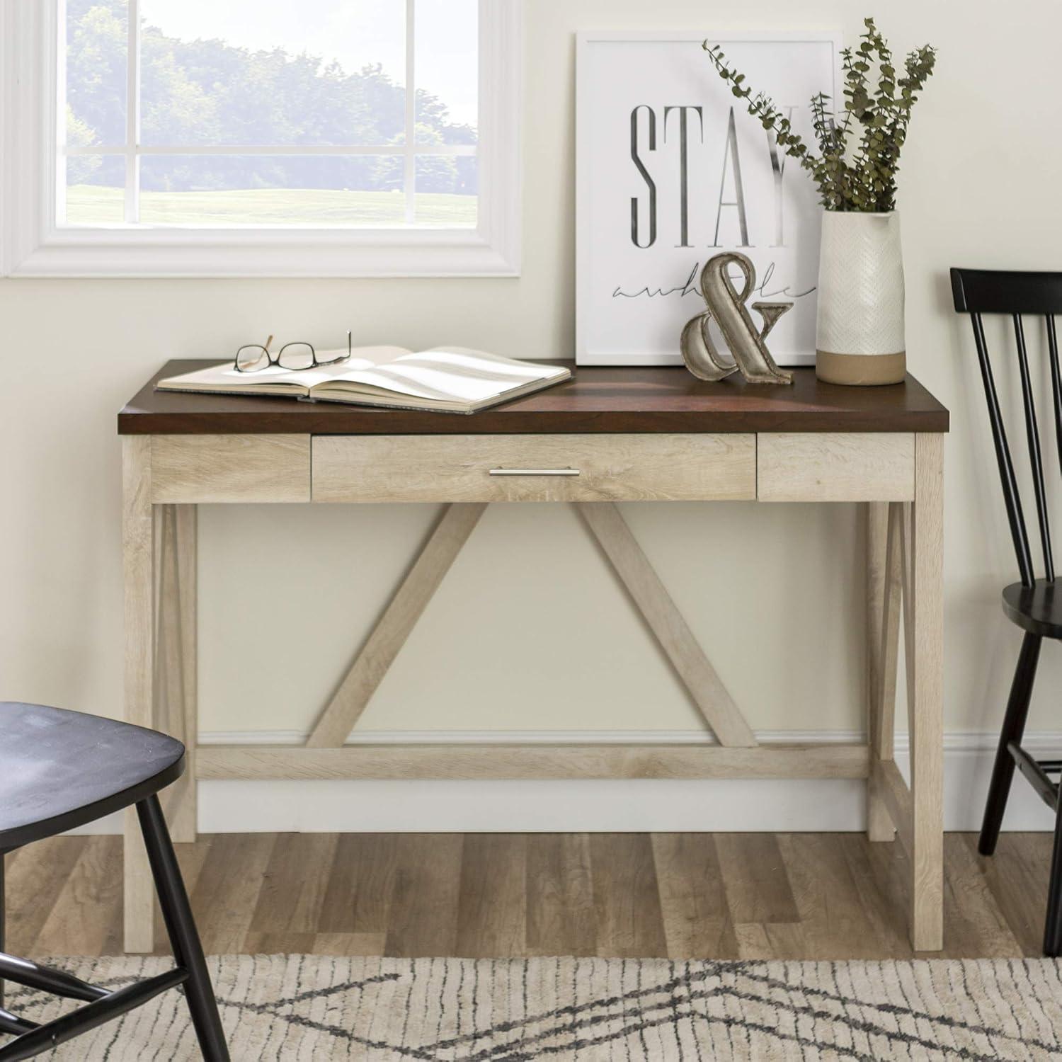 Rustic Brown and White Oak Writing Desk with Drawer