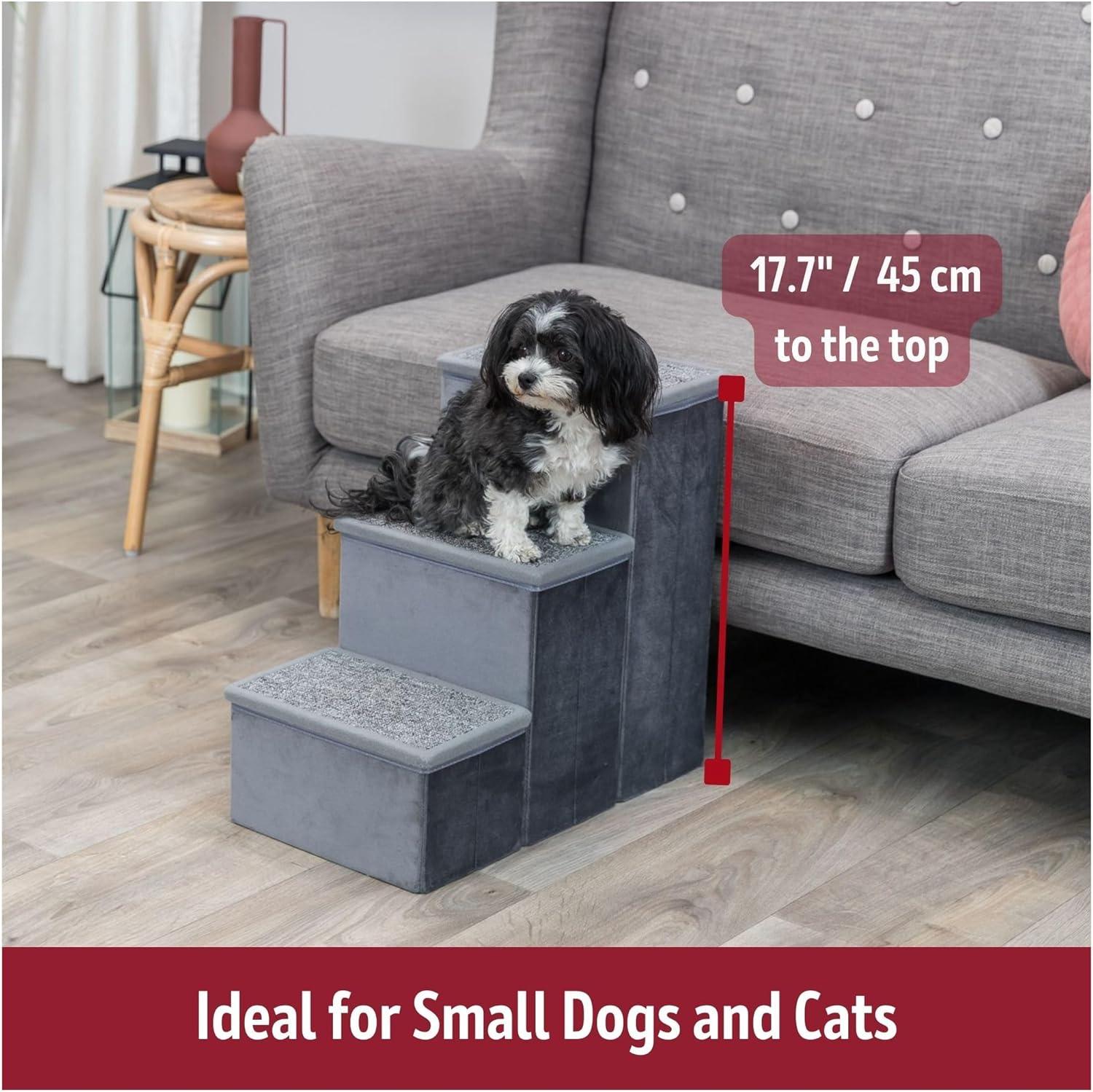 Gray Velour 3-Step Pet Stairs with Storage Compartments