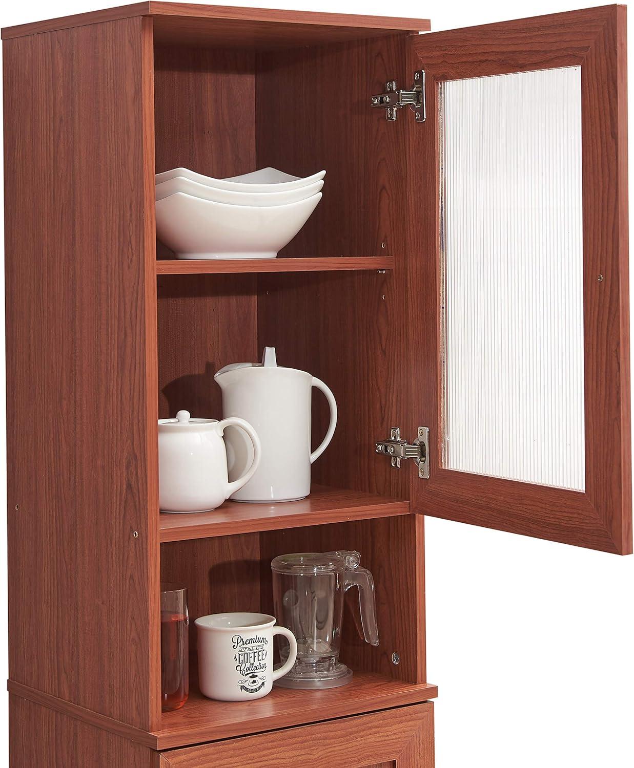 63" Tall Slim Open Shelf Plus Top and Bottom Enclosed Storage Kitchen Pantry in Black-Beech