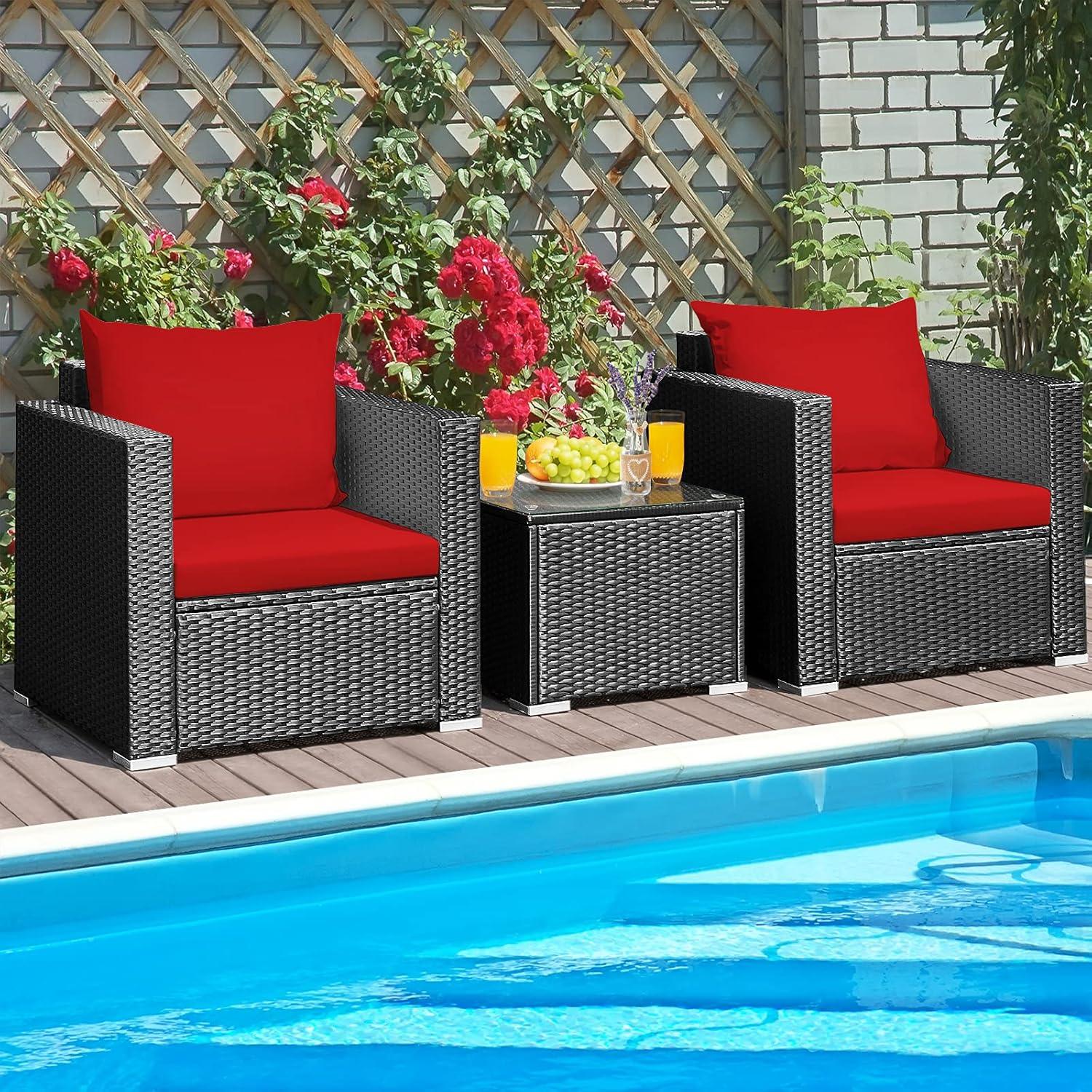 Costway 3PCS Patio Rattan Wicker Furniture Set Sofa Table W/Cushion Yard Red