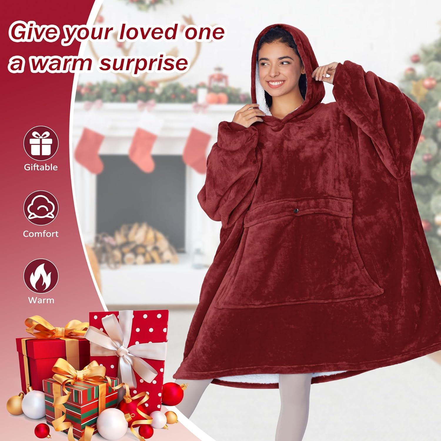 Womens Oversized Flannel Blanket Hoodie Sweatshirt, Plush Fleece Lined Lounging Pullover, Christmas Gift for Women (Dark Red) - Catalonia