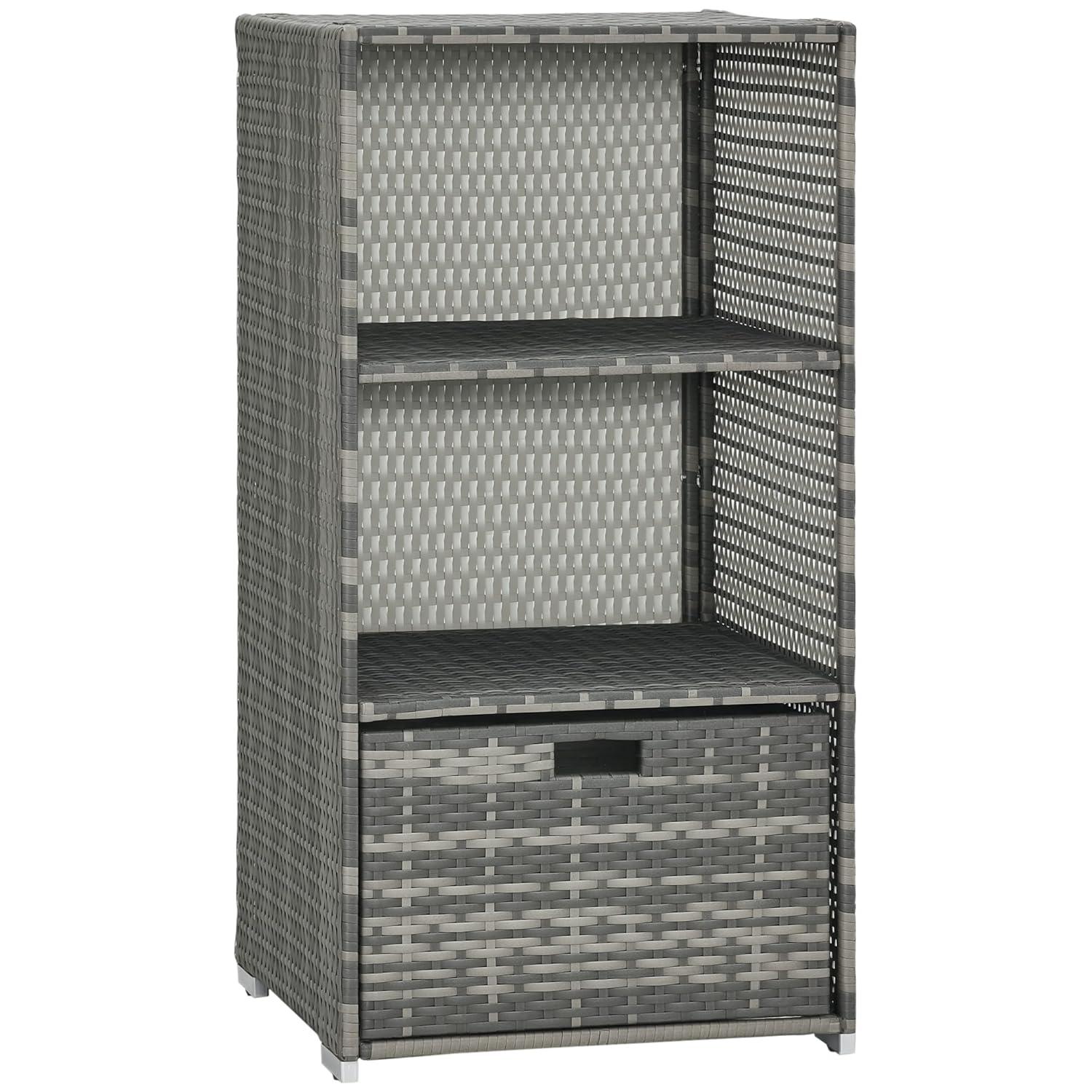 Tryimagine Outsunny Valet Pool Towel Rack, Waterproof PE Plastic Rattan Wicker Storage Organizer, Indoor Outdoor Spa, And Hot Tub Accessory Storage, 2 Shelves, 1 Basket Drawer