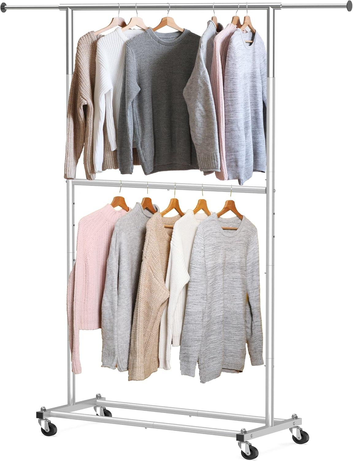 Silver Double Rod Garment Rack with Wheels and Hooks