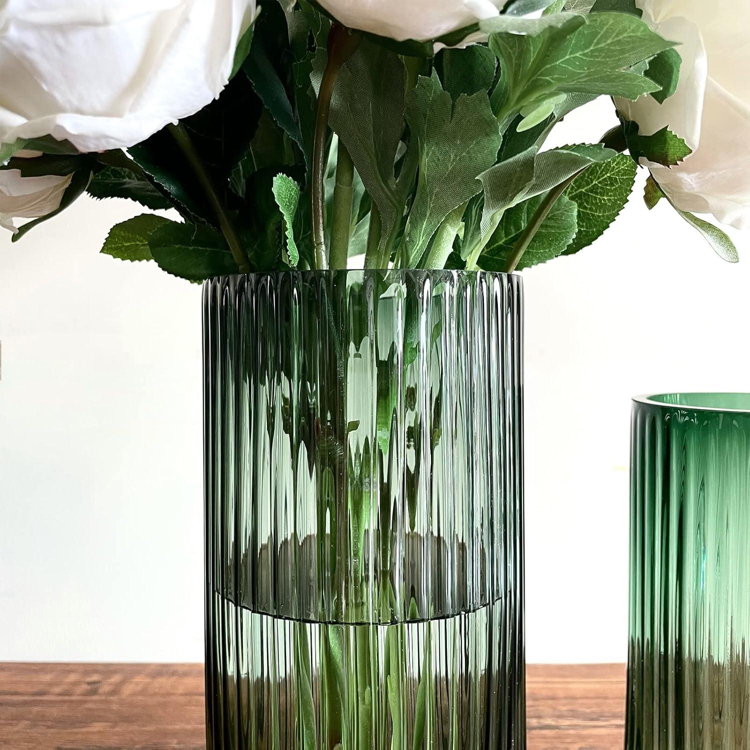 Hand Blown Ribbed Green Glass Decorative Vase