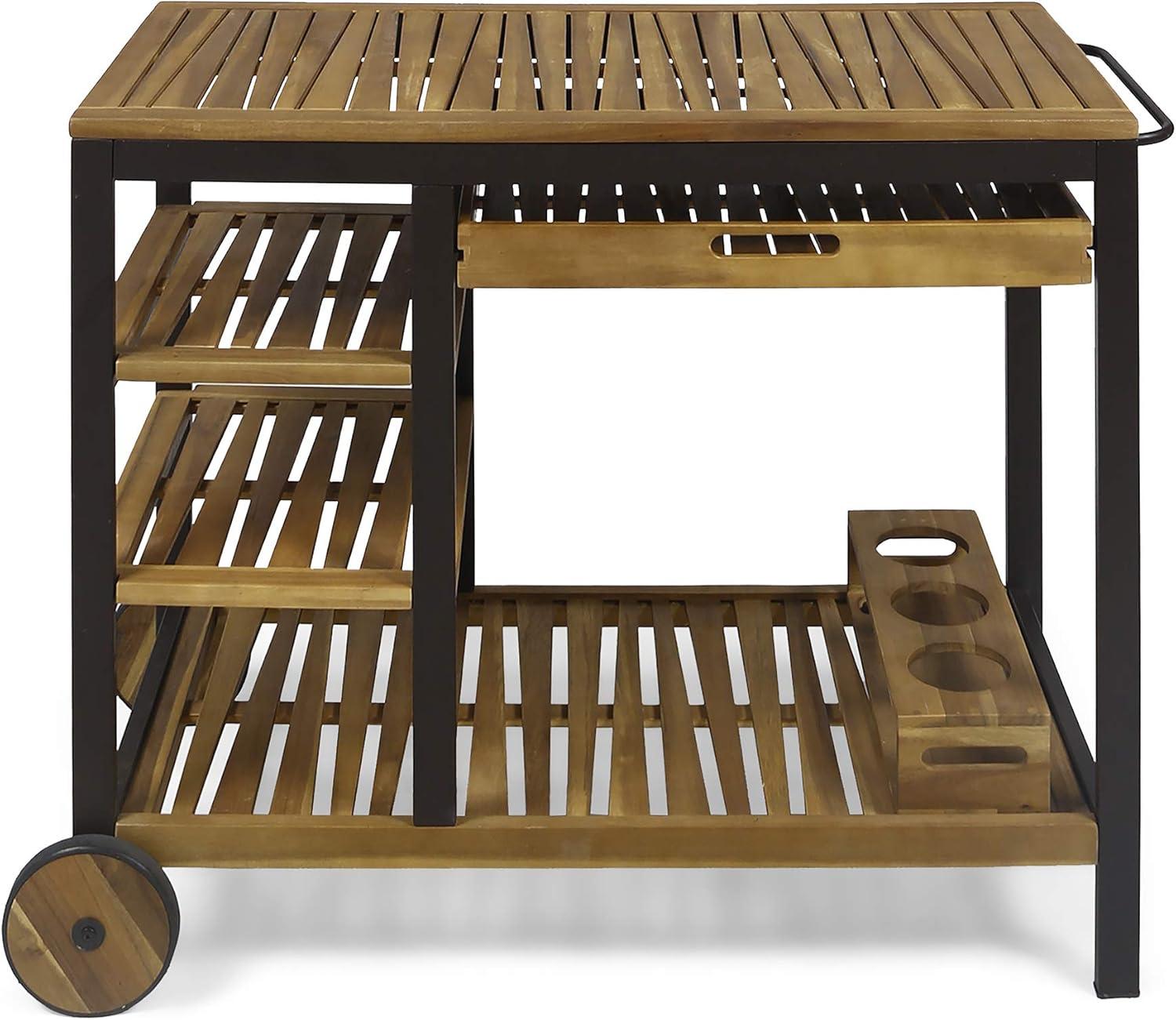 Teak Acacia Wood Outdoor Bar Cart with Wine Rack