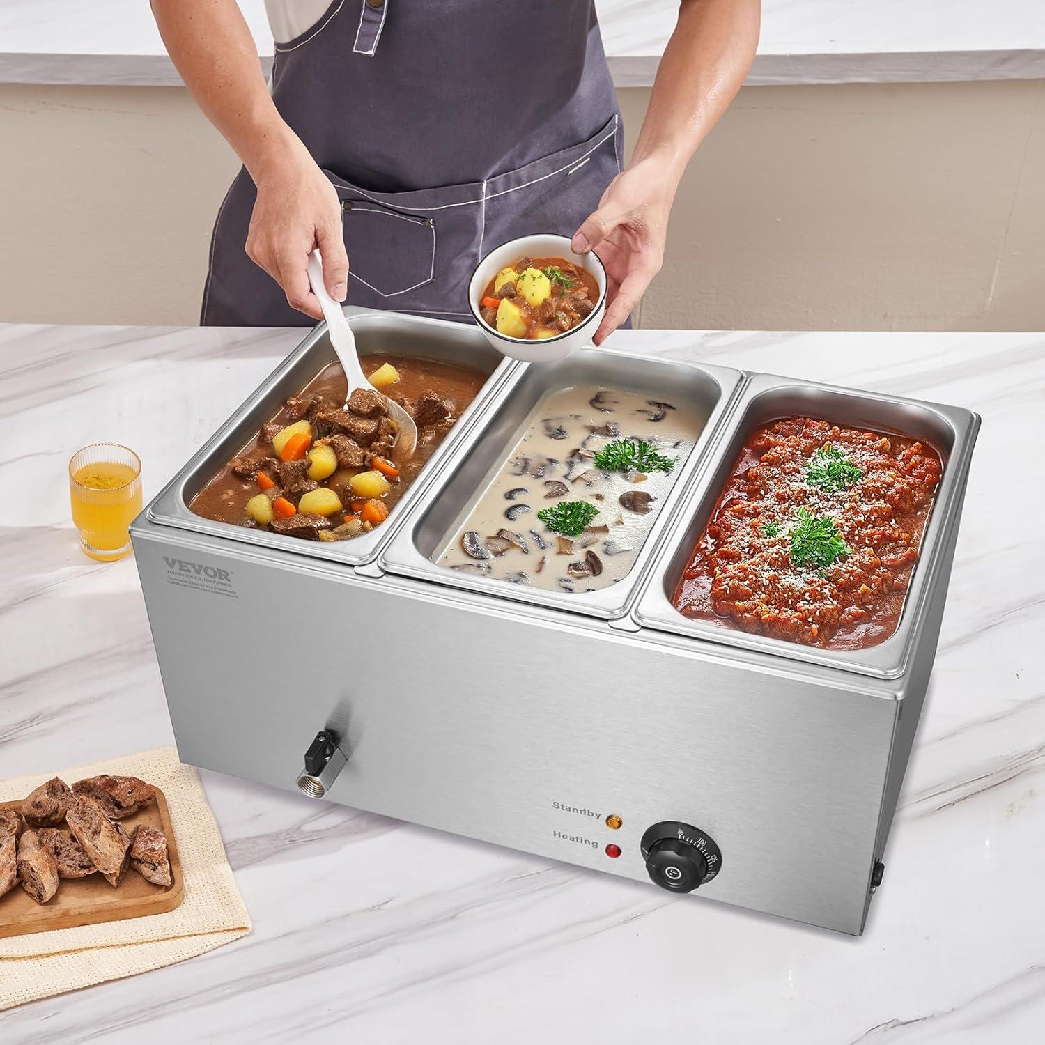3-Pan Commercial Food Warmer, 17.4QT. Electric Steam Table, 1200W Professional Countertop Stainless Steel Buffet