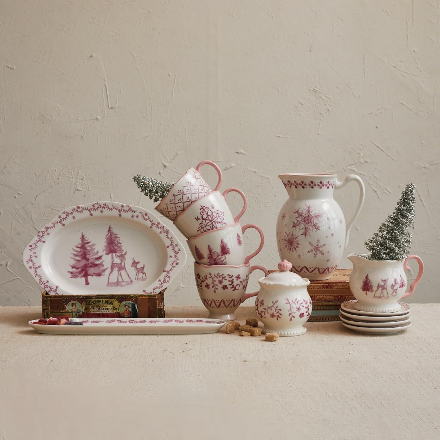 Pink and Cream Stoneware Holiday Creamer and Sugar Pot Set