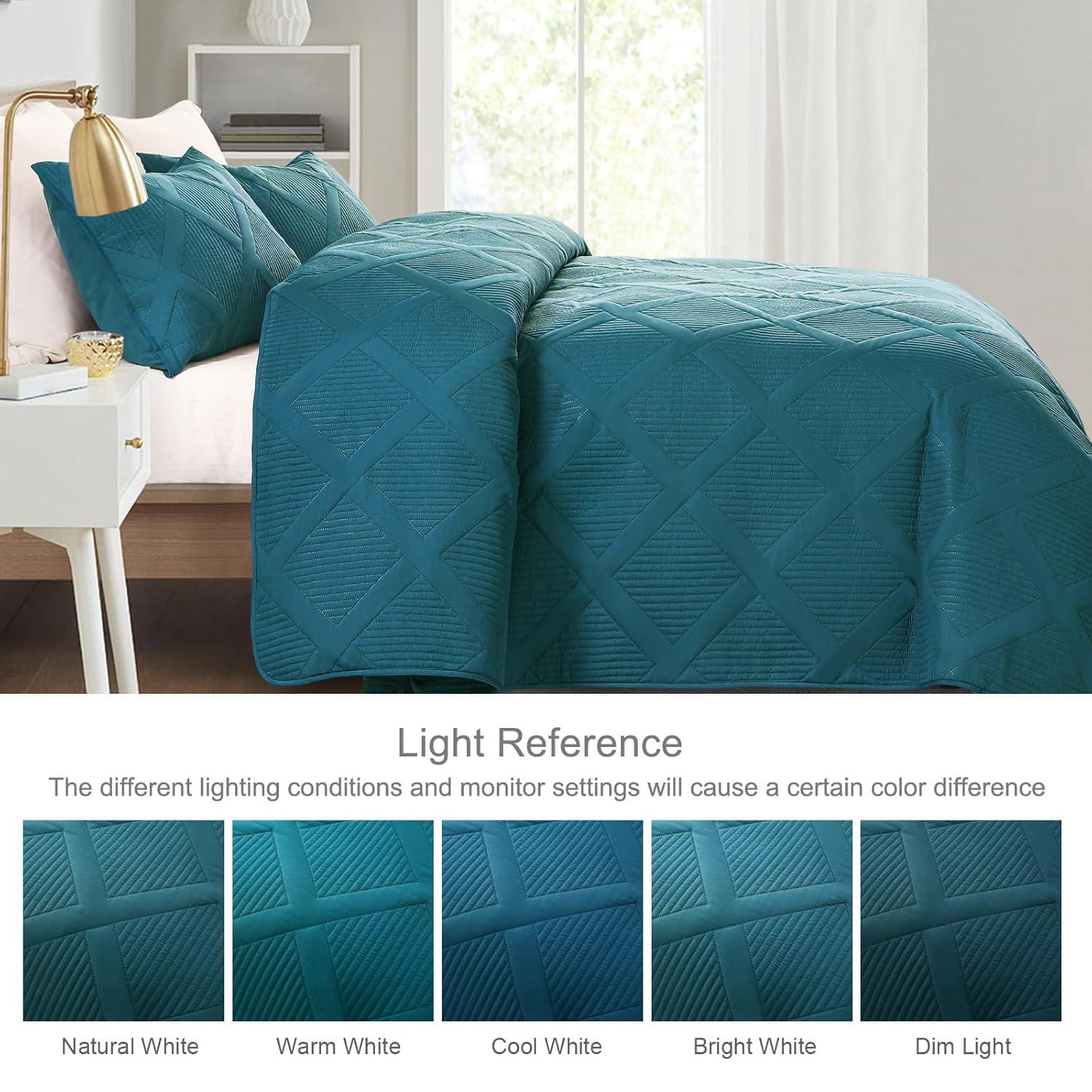 Exclusivo Mezcla Ultrasonic King Quilt Set, 3-Piece Lightweight Bedspreads Modern Striped Coverlet, Teal