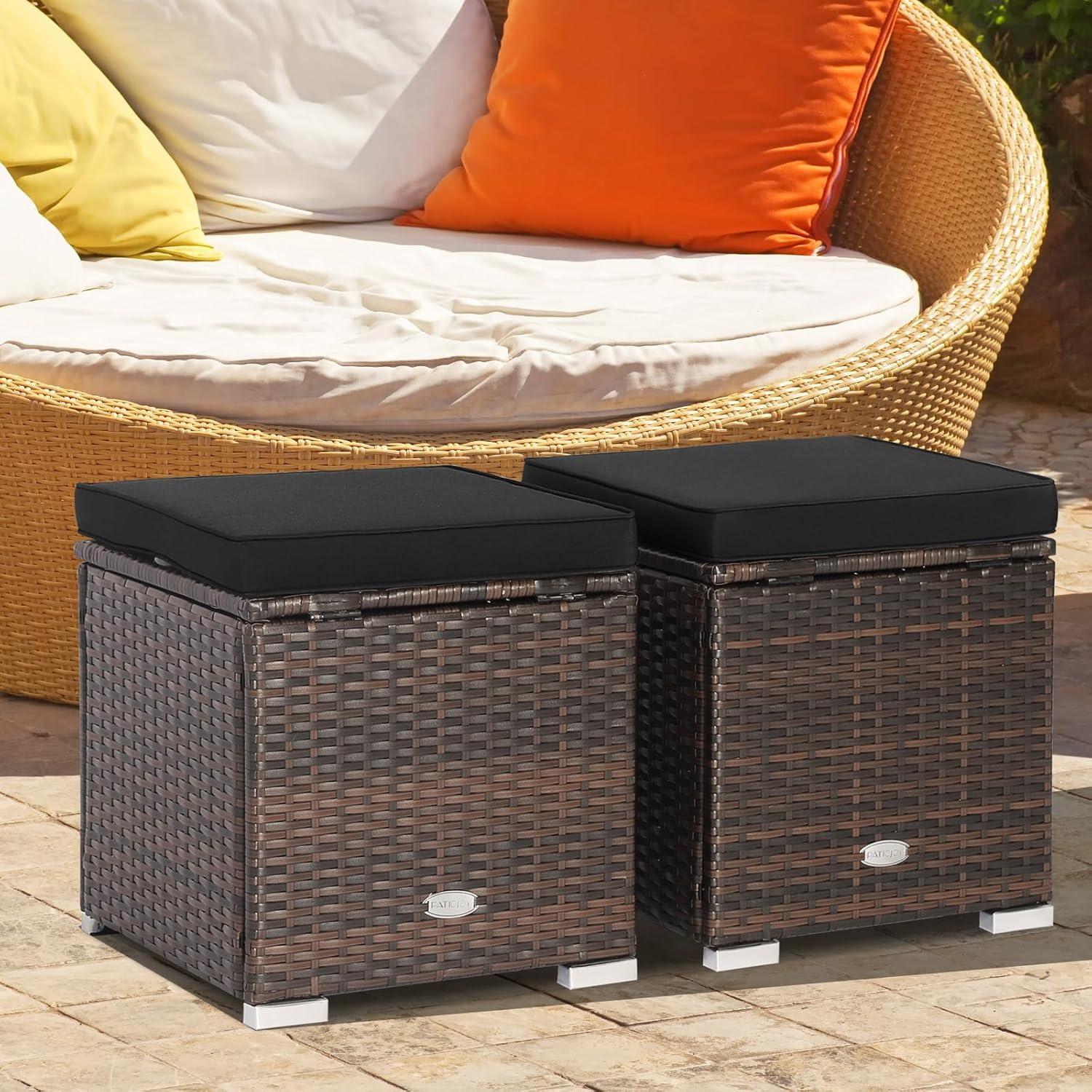 Navy Cushioned PE Rattan Storage Ottomans Set
